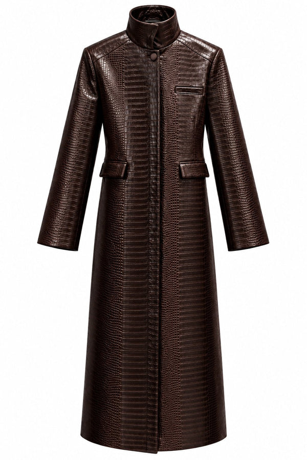 Brown croco-embossed maxi trench coat front
