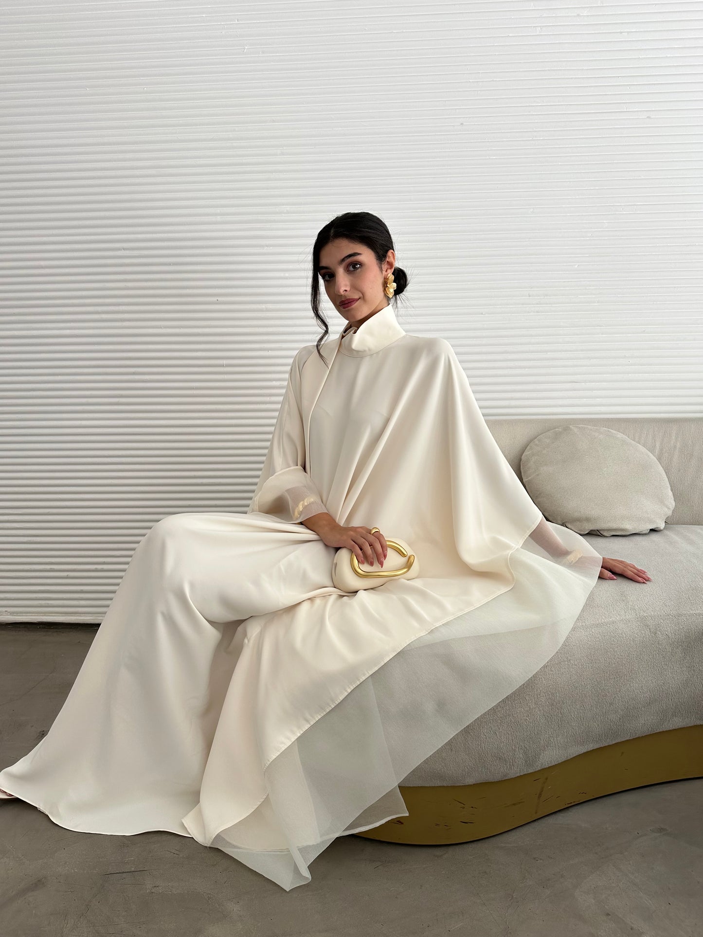 Cream Organza Detailed Kaftan Dress