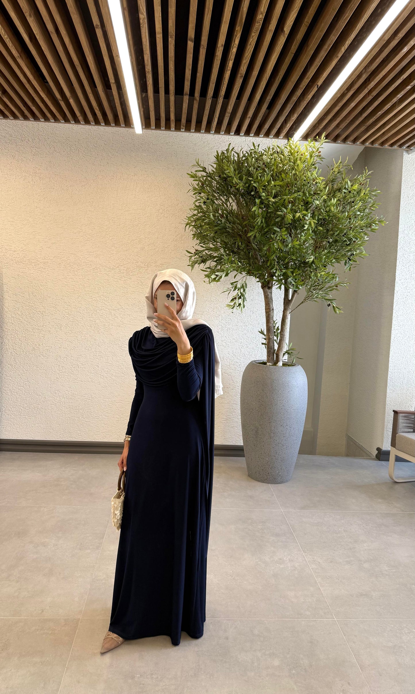 Navy Blue Evening Gown with Shawl Collar and Cape Detail