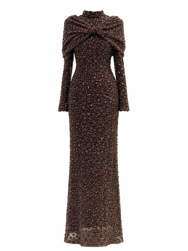 Bella Modest Evening Dress - Brown