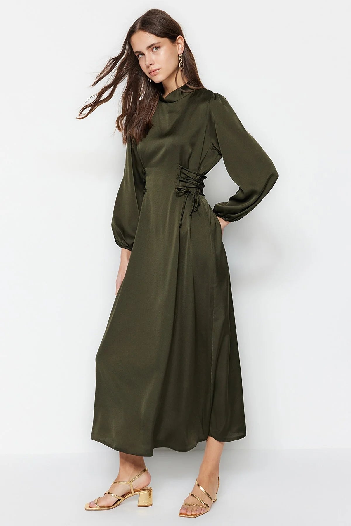 Khaki Belted Satin Evening Dress - sonafey