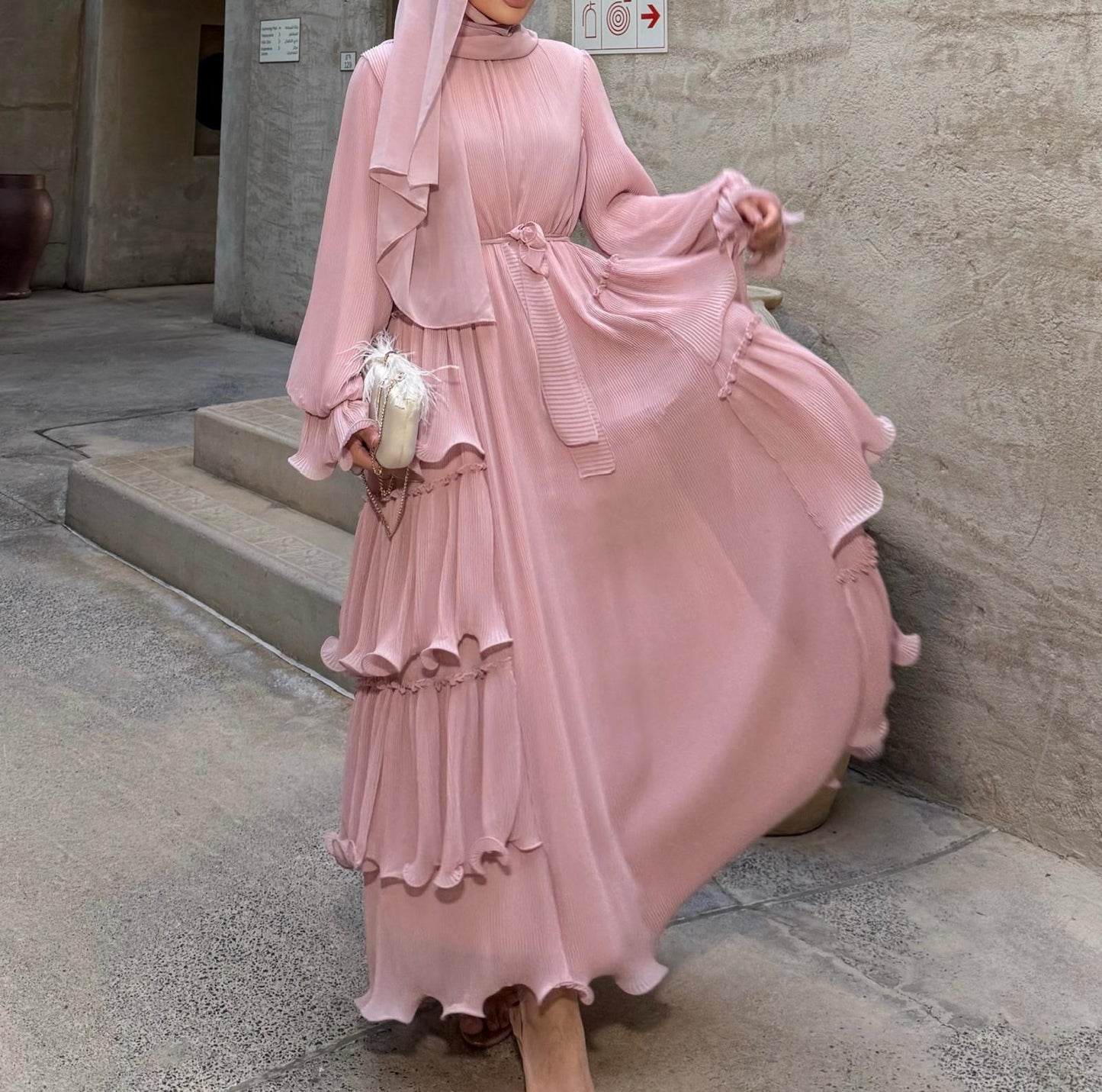 Limited Collection Poudre Pleated Maxi Dress with Ruffle Details