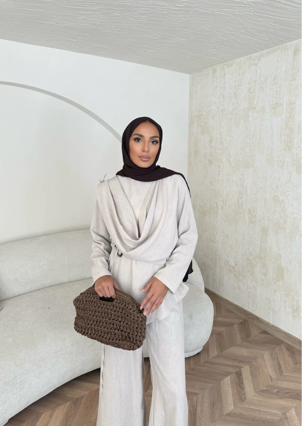 Beige Linen Shawl Collar Set