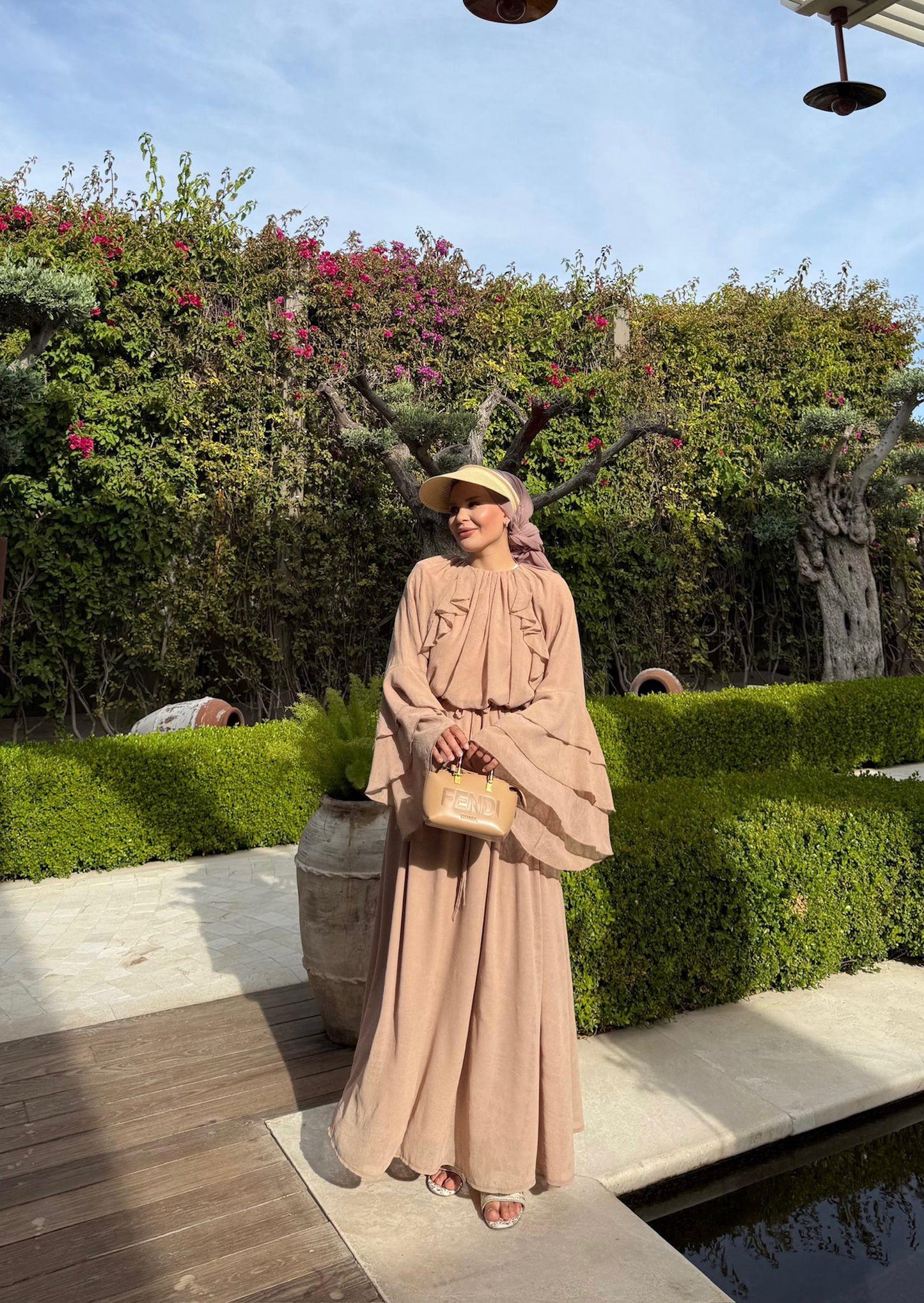 Farah Beige Chiffon Dress with Ruffle Details