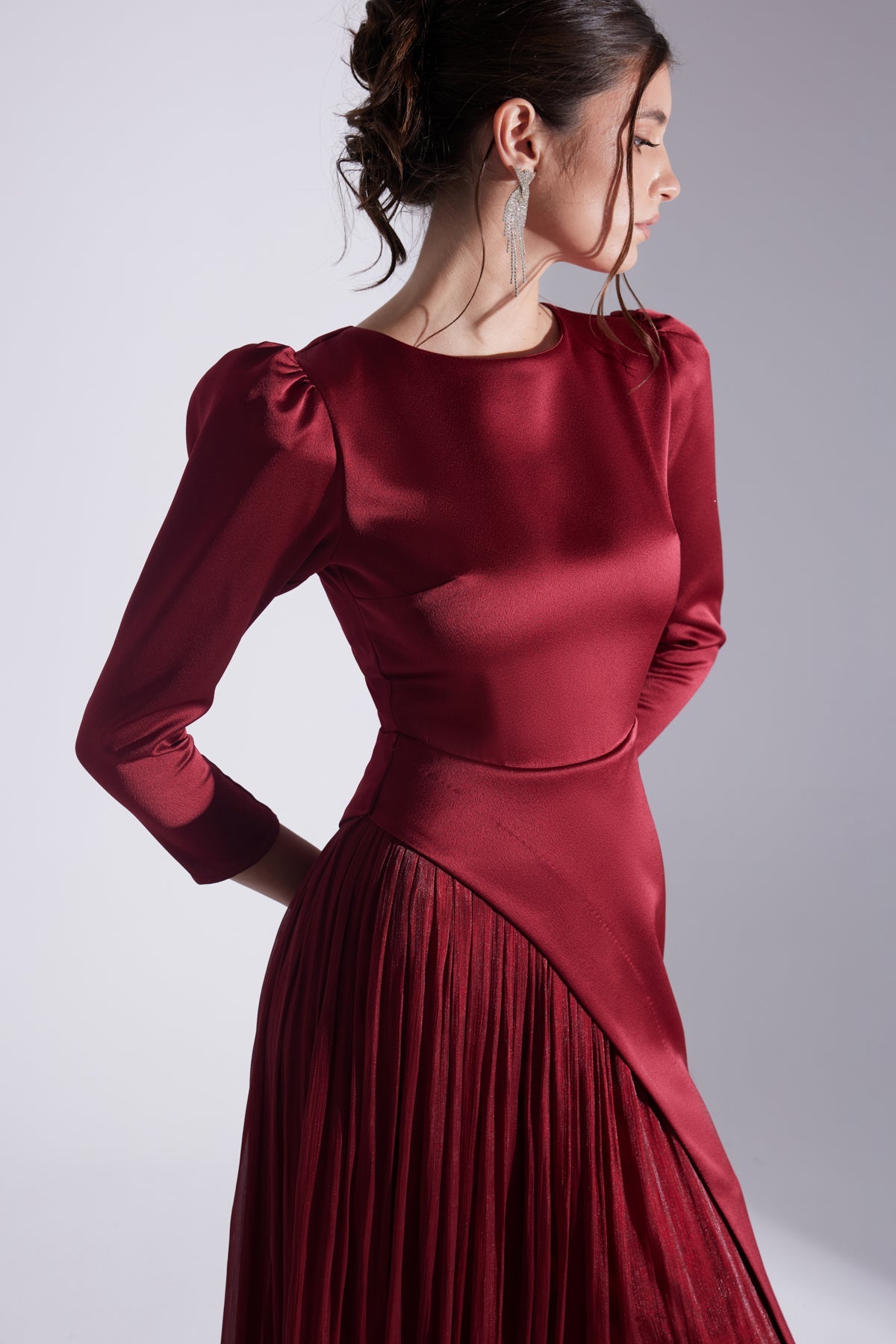 Burgundy Asymmetric Detailed Chiffon Skirt Wedding Dress