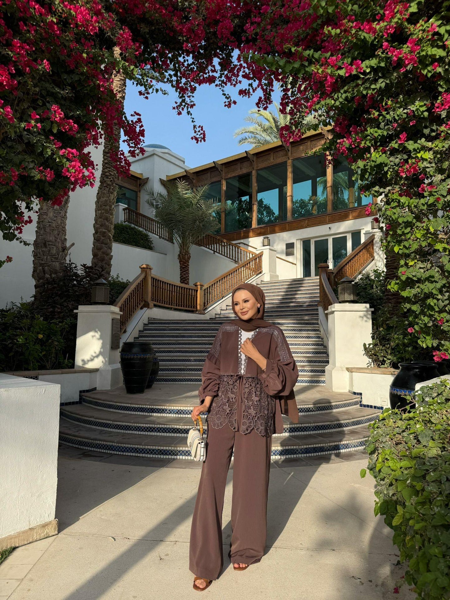 Lace-Trimmed Brown Crinkle Fabric Kimono & Pants Set