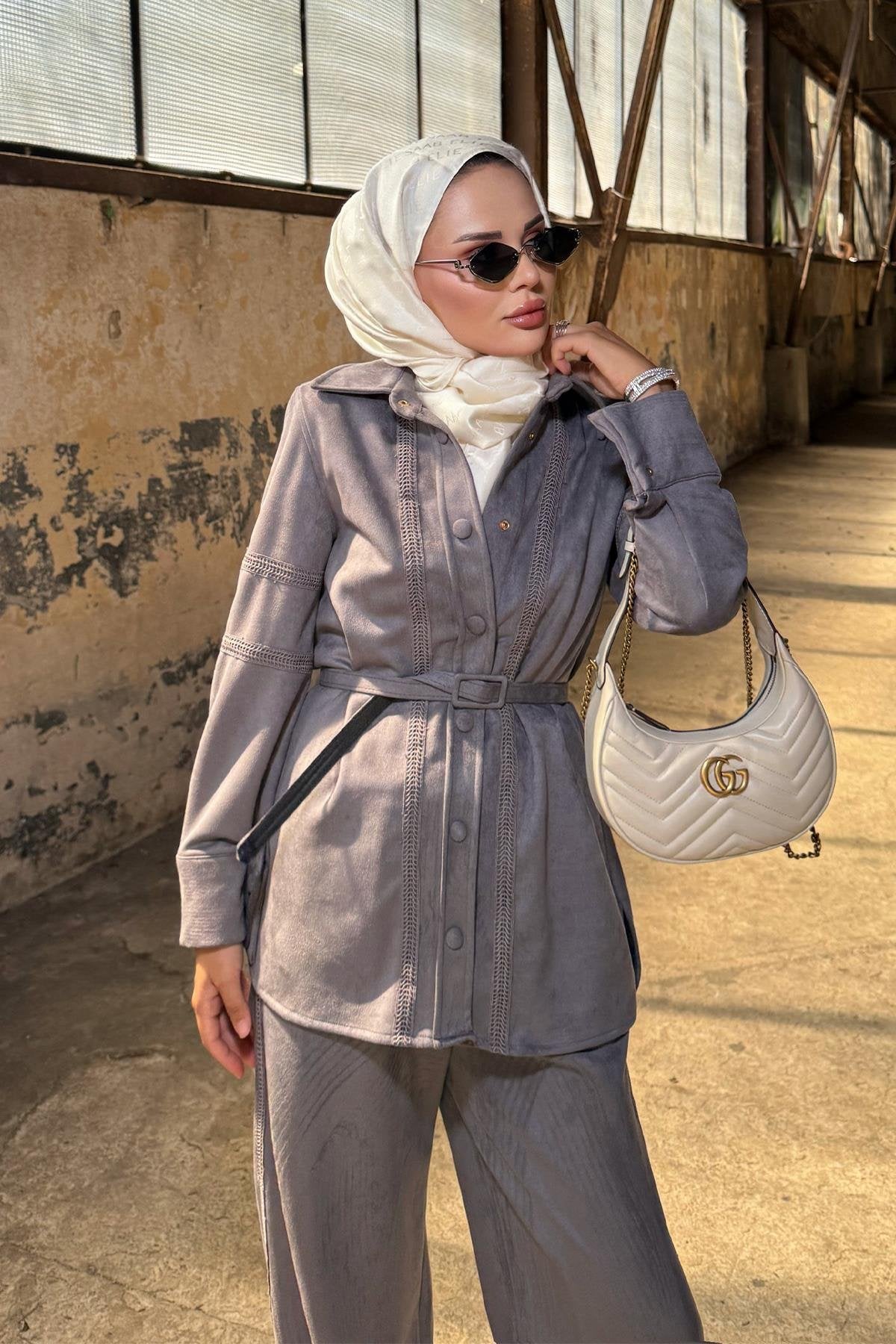 Gray Suede Pants Set with Lace Details and Belt