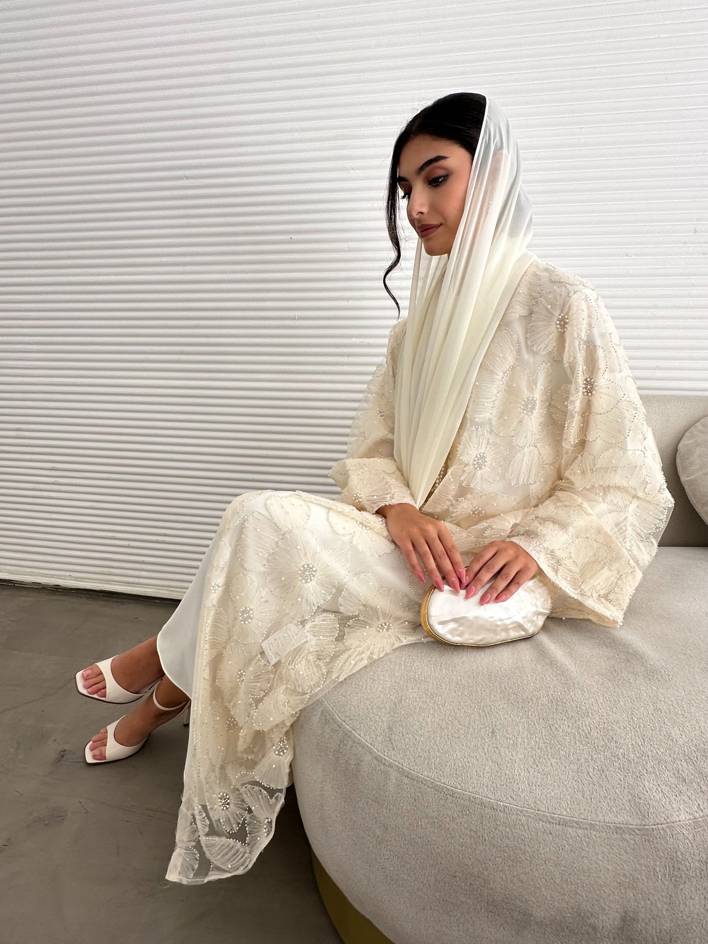 Pastel Pearls 3-Piece Abaya Set – Cream (Limited Edition)