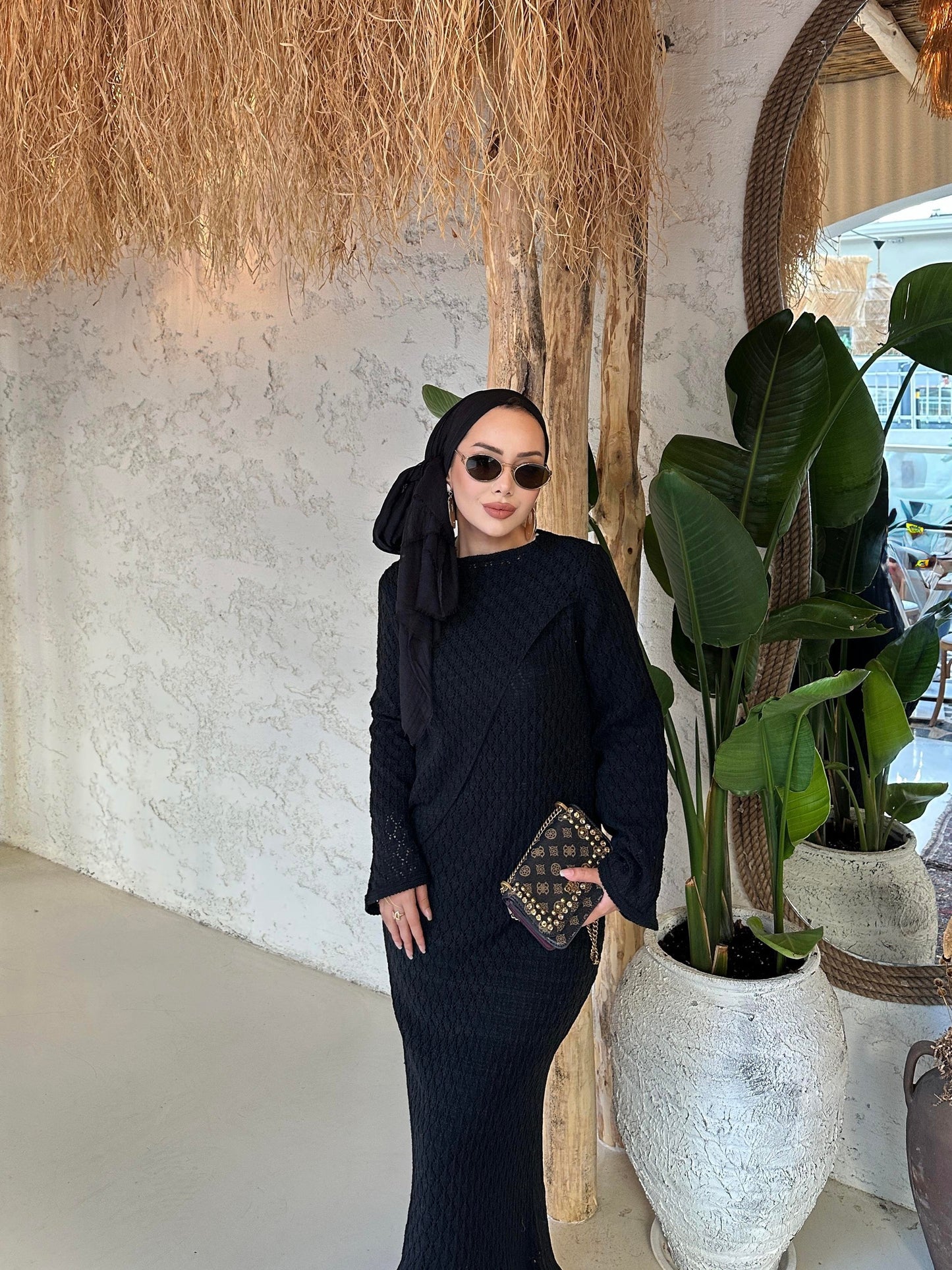 Black Lined Openwork Knit Dress