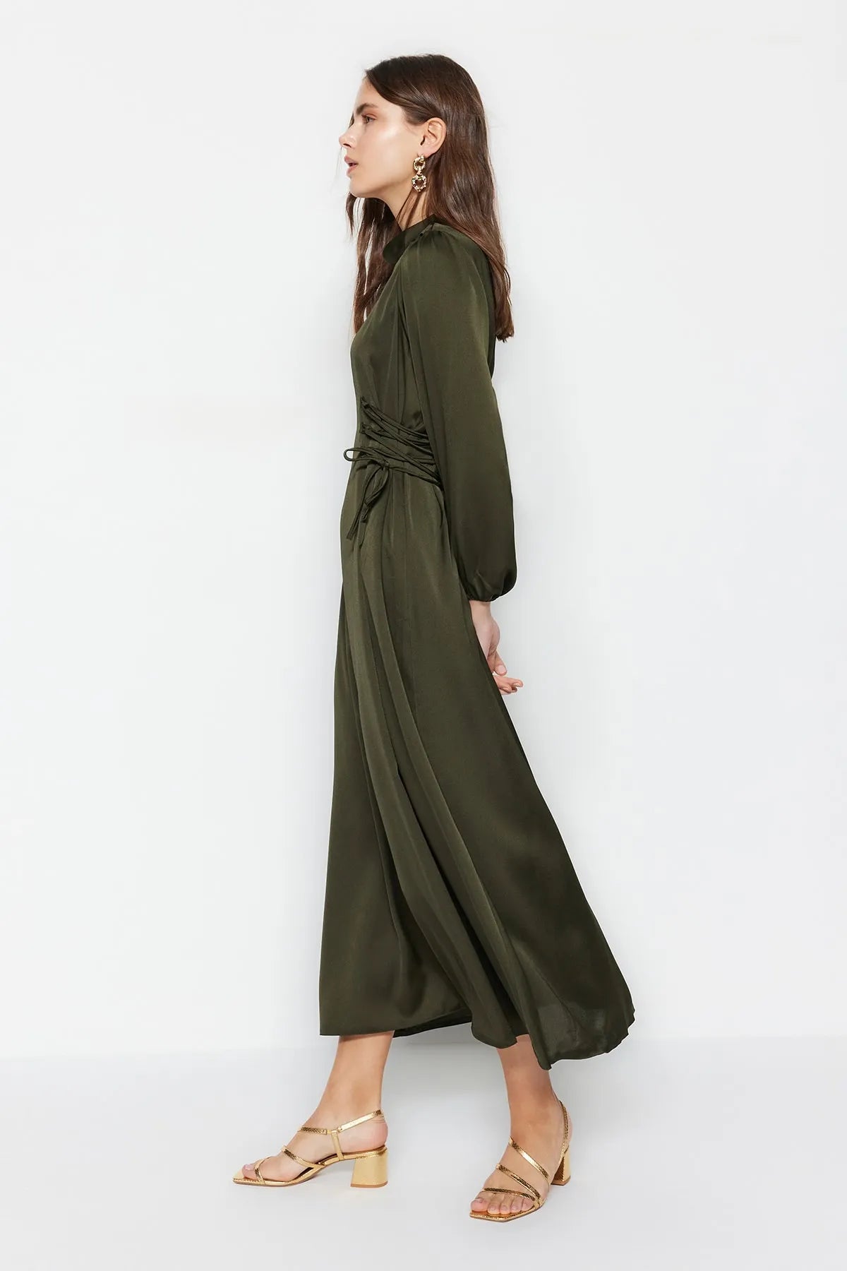 Khaki Belted Satin Evening Dress - sonafey