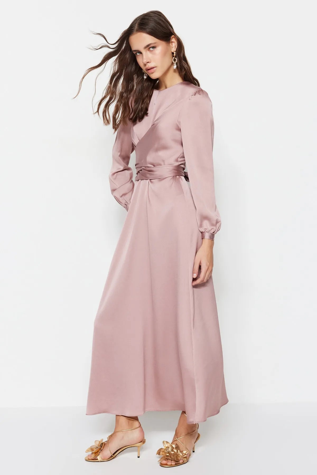 Cross Wrap Detail Pink Satin Evening Dress