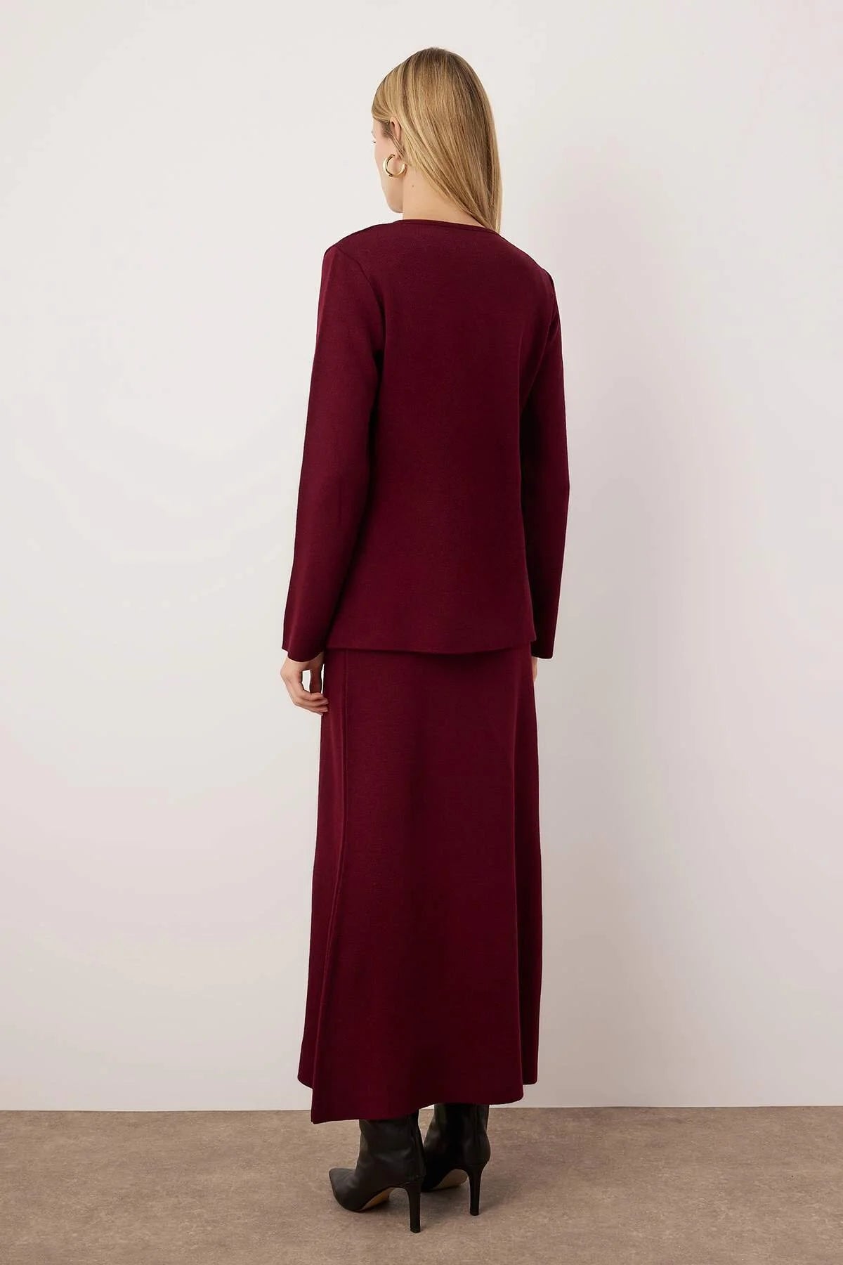 Burgundy Gold-Button Knit Skirt Set