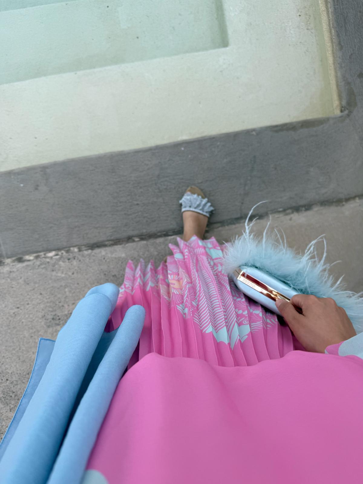 Pink Chiffon Printed Pleated Skirt & Blouse Set