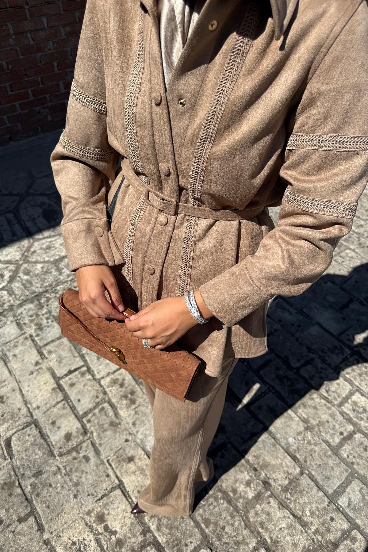 Camel Suede Pants Set with Lace Details and Belt