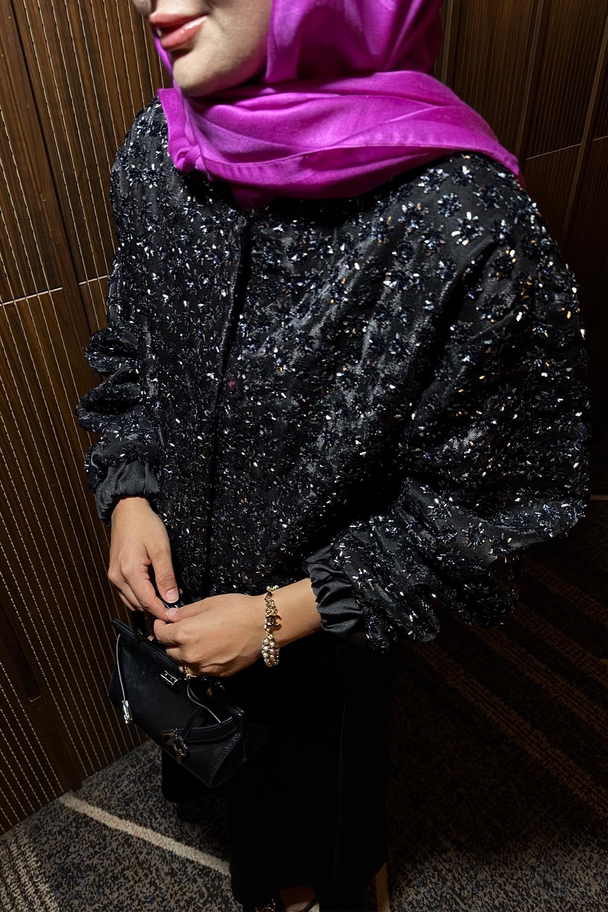 Black Satin Jacket with Sequins