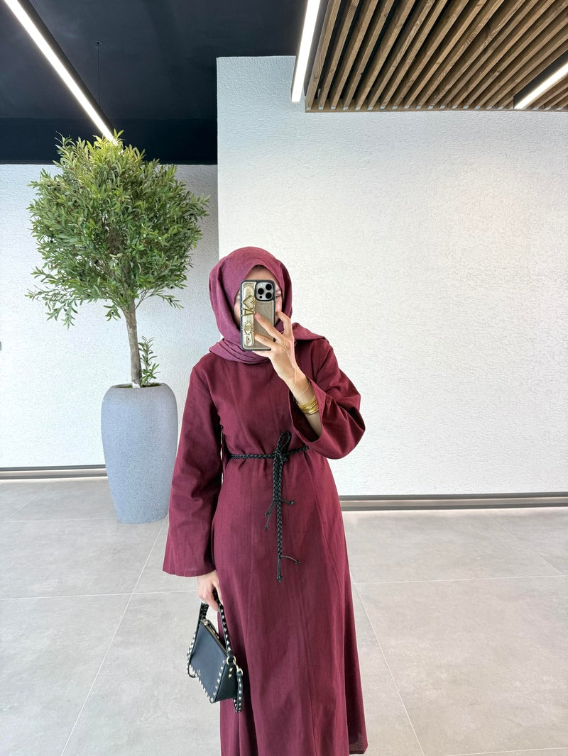 Woven Belt Linen Dress - Burgundy Size 38