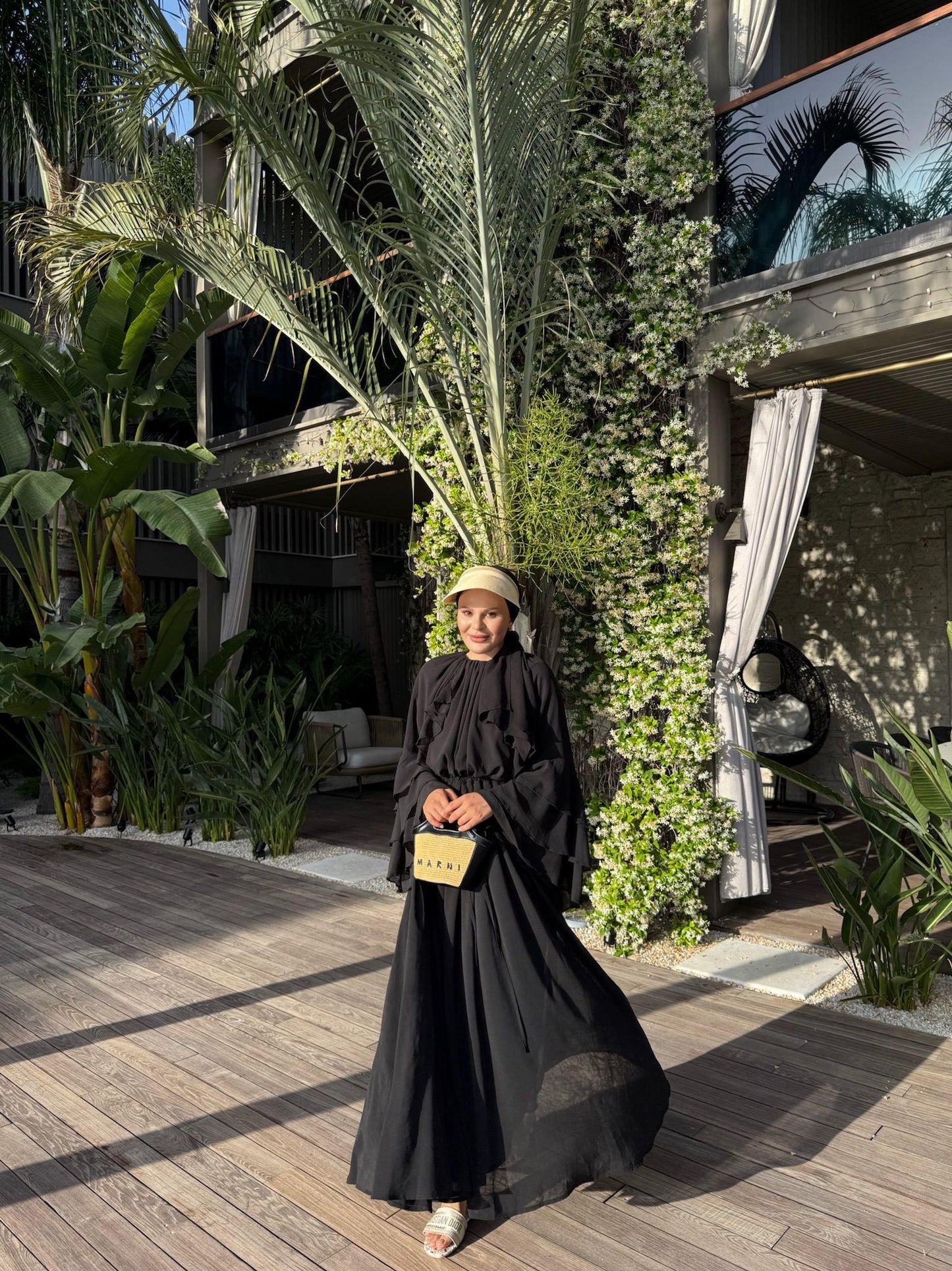 Farah Black Chiffon Dress with Ruffle Details
