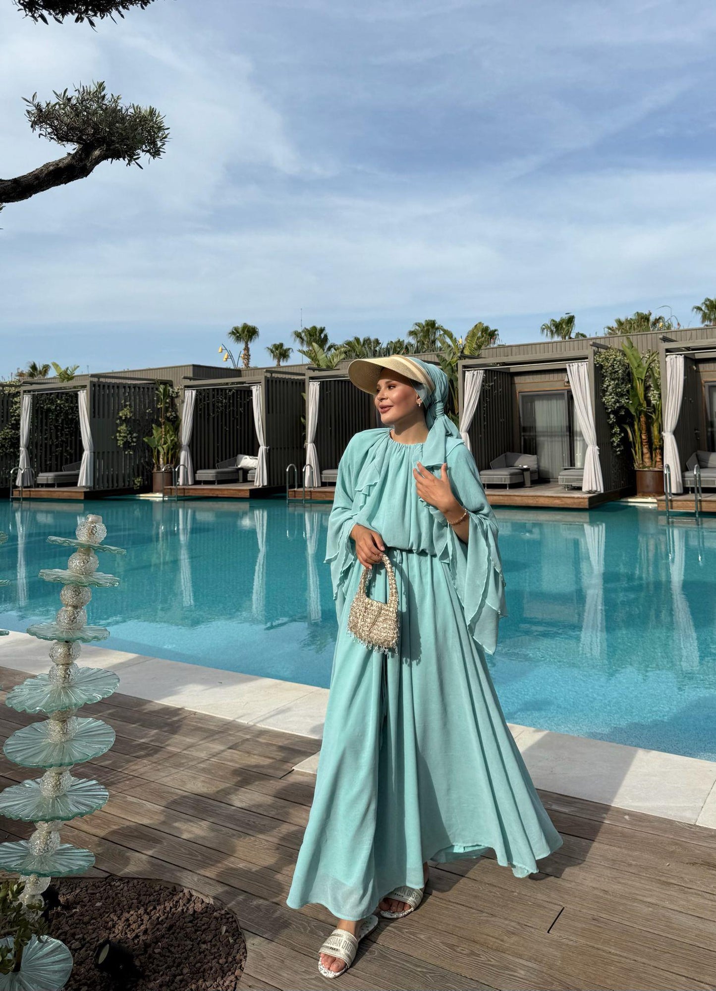 Farah Mint Green Chiffon Dress with Ruffle Details