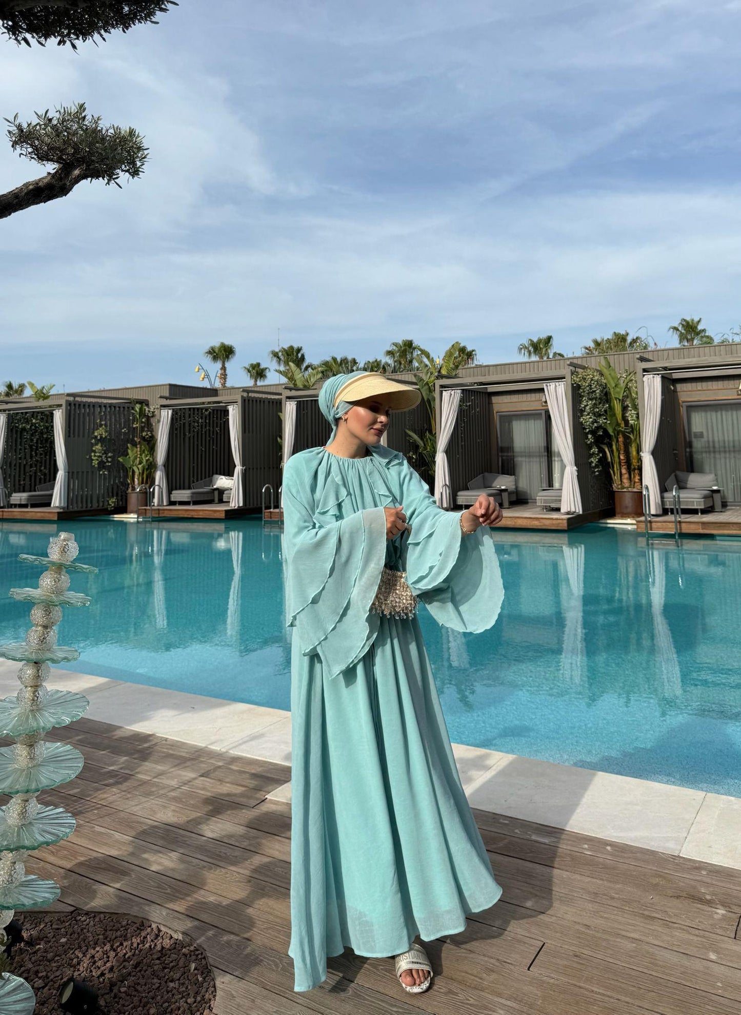 Farah Mint Green Chiffon Dress with Ruffle Details
