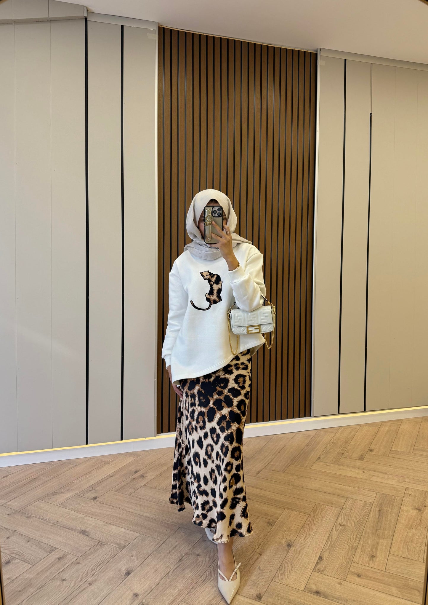 Satin Skirt Leopard Print Set – Ecru