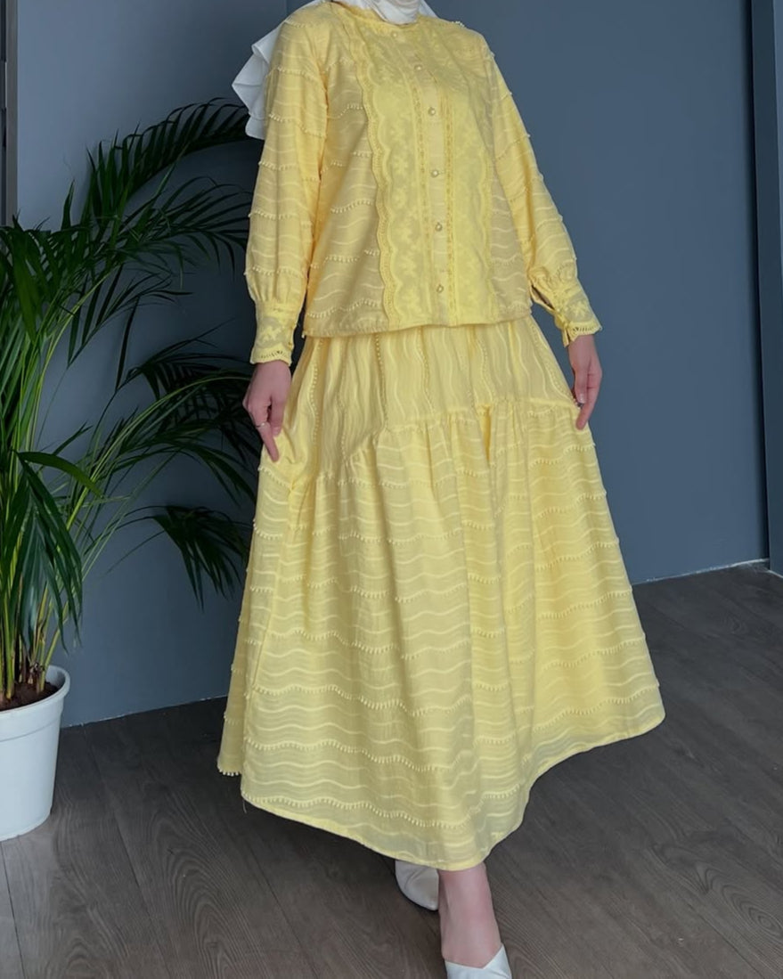 Cotton Yellow Lace 2-Piece Skirt Shirt Set – sonafey