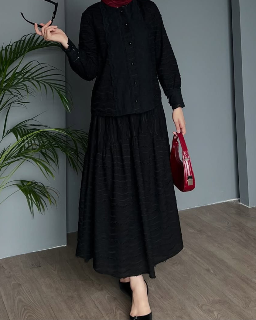 Cotton Black Lace 2-Piece Skirt & Shirt Set