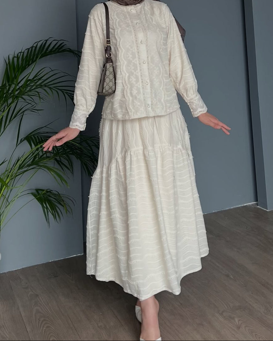 Cotton Ecrou Lace 2-Piece Skirt & Shirt Set