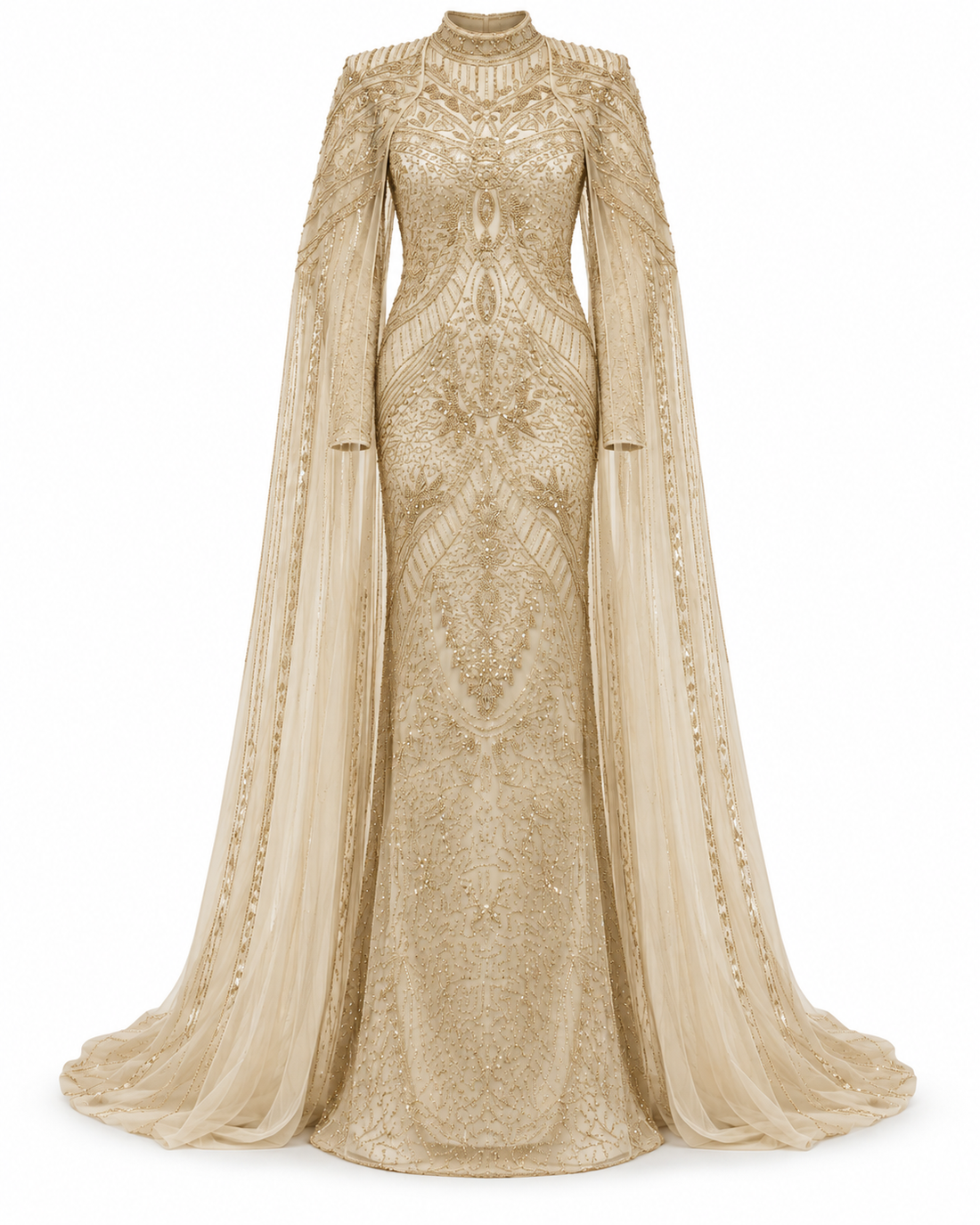 Fairuz Couture Cape Detailed Dress - Gold