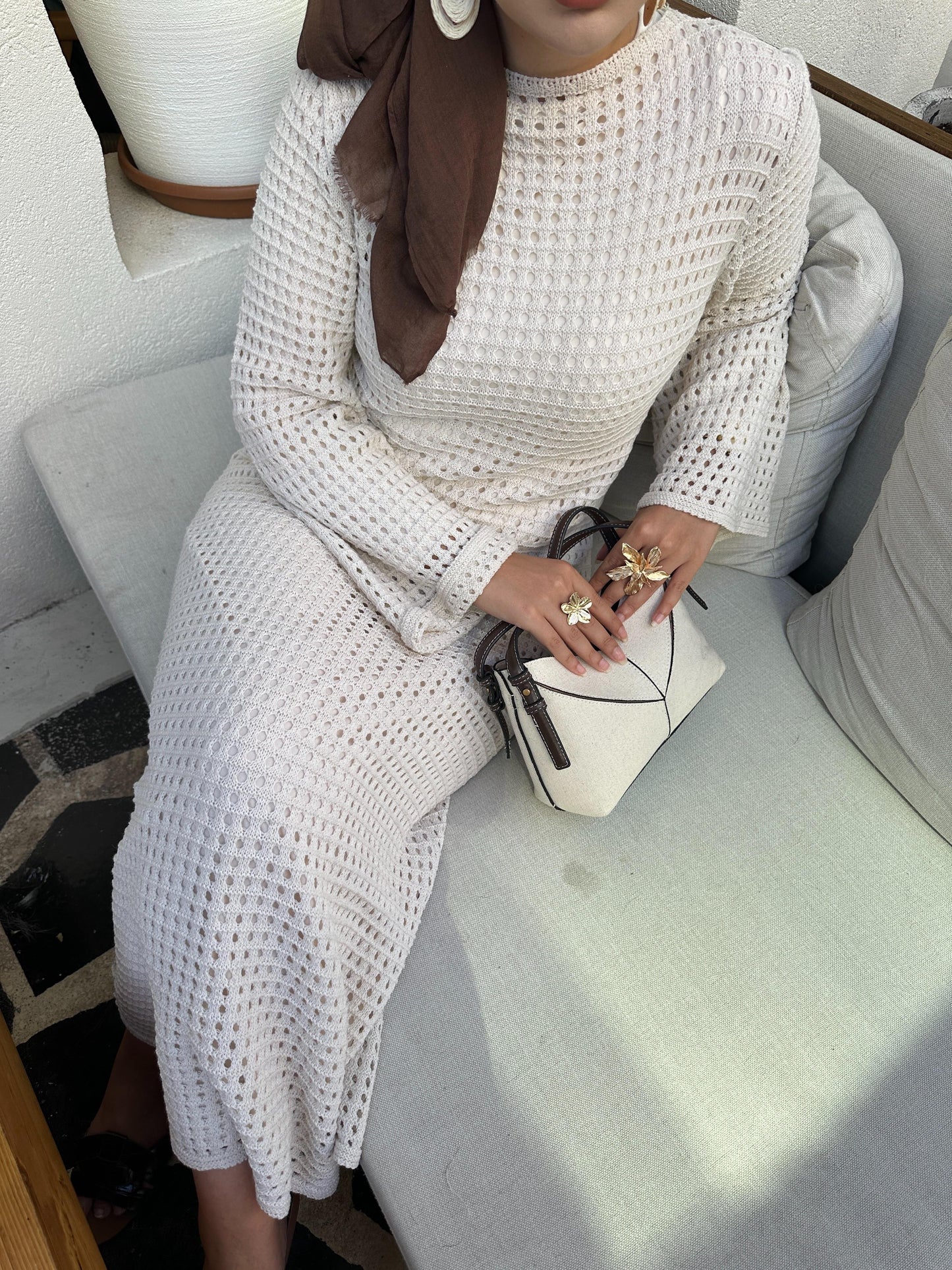 Mesh Style Beige Lined Openwork Knit Dress-Pre Order