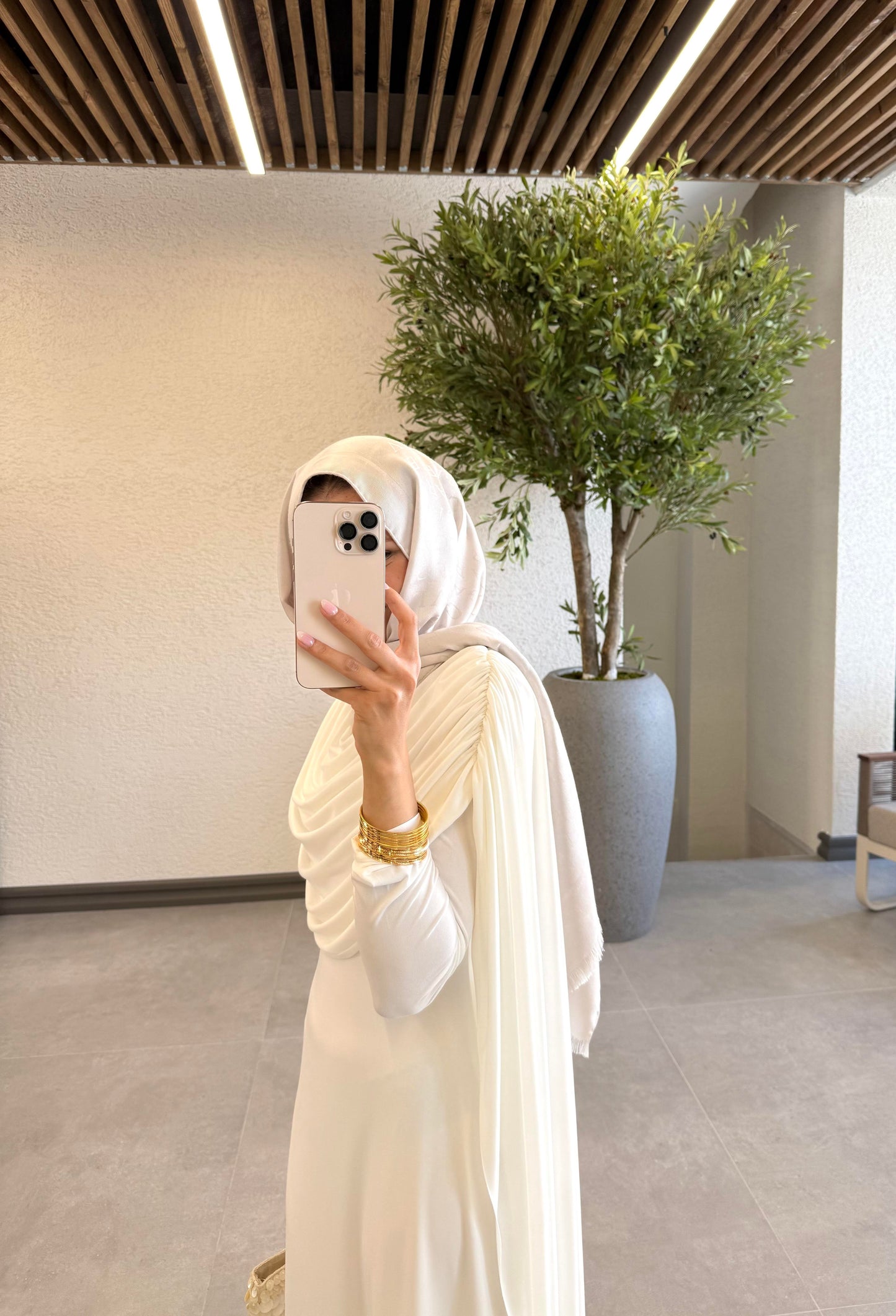 Off-White Evening Gown with Shawl Collar and Cape Detail