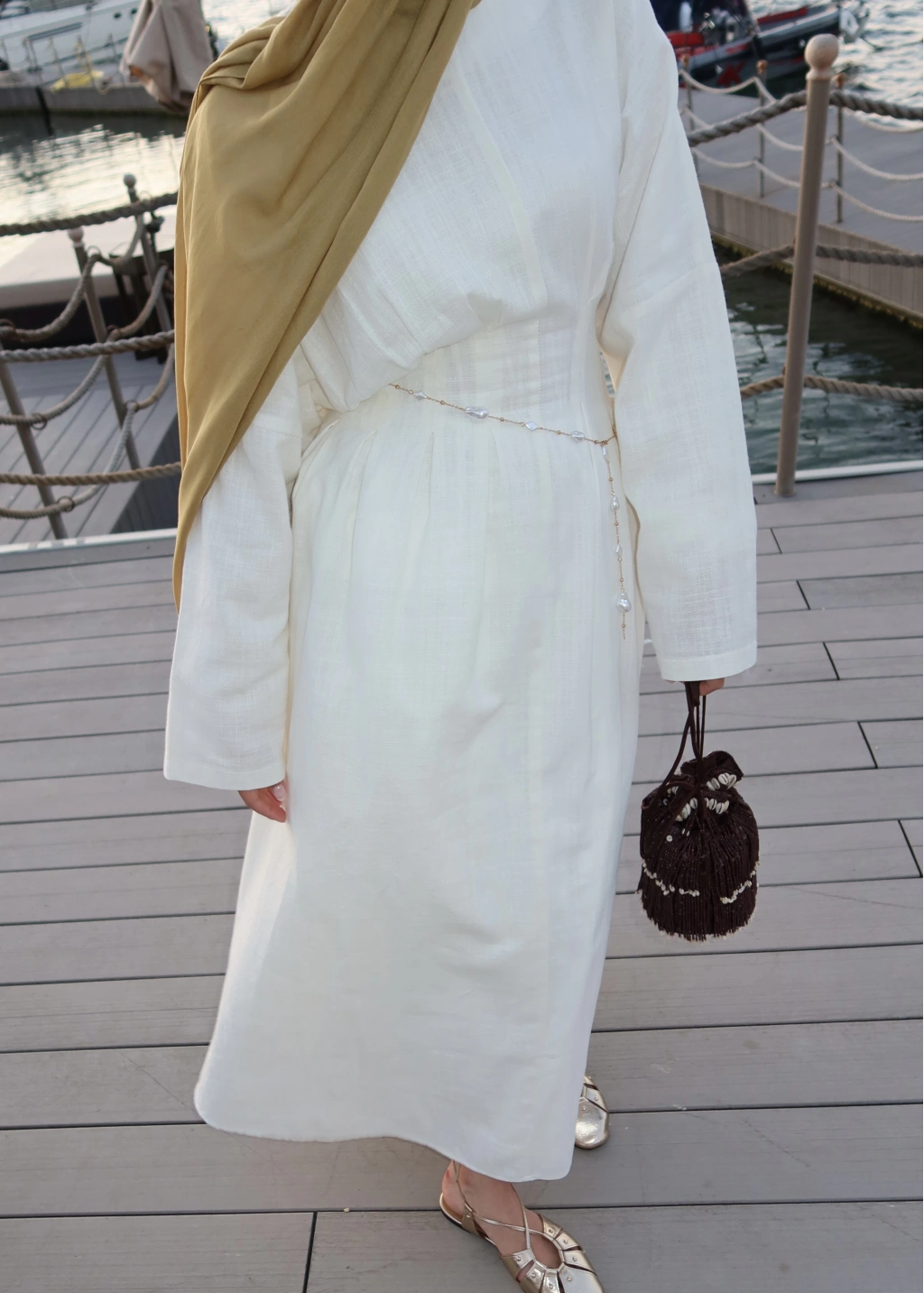 Pleated Waist Linen Maxi Dress in White