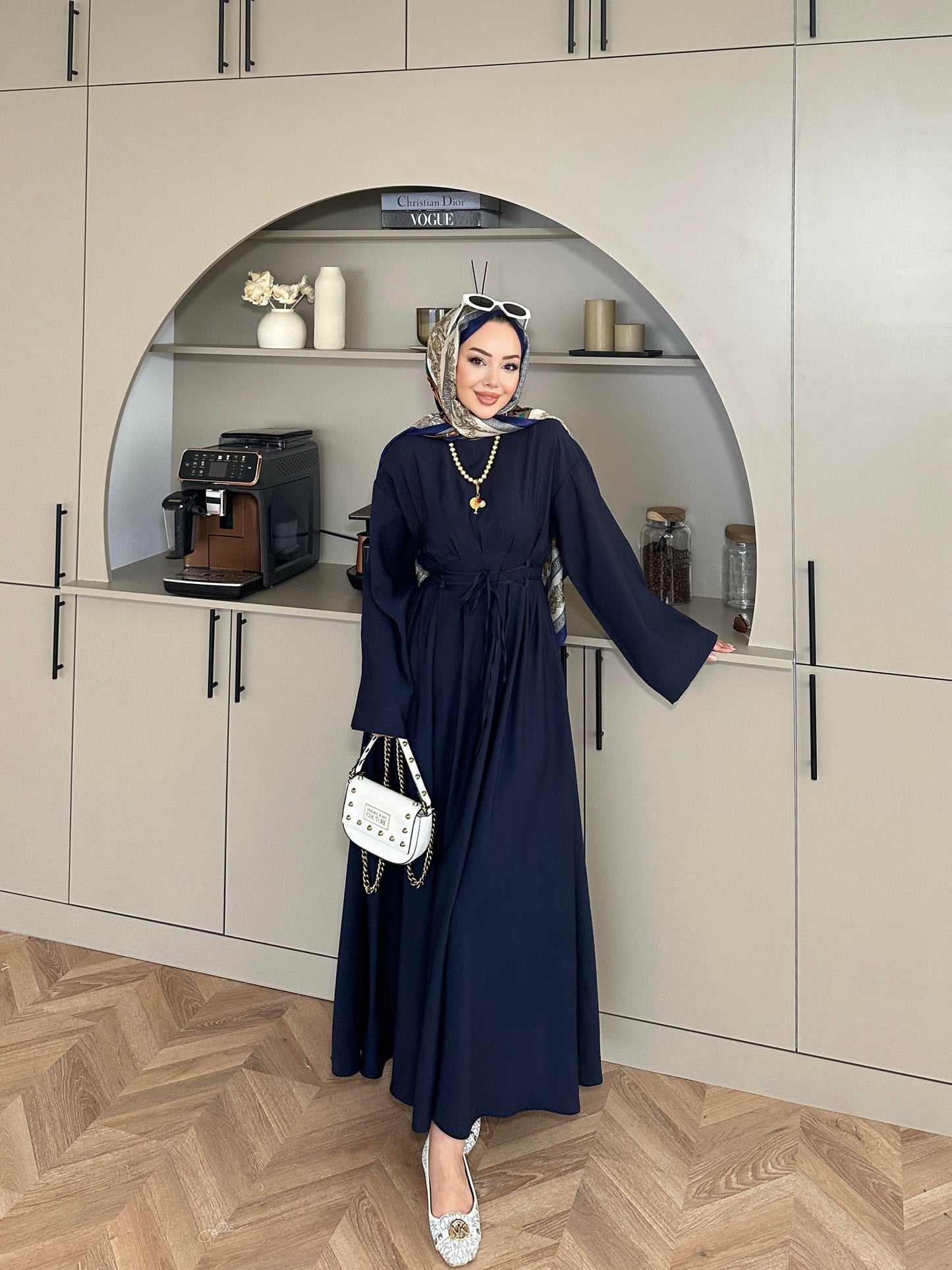 Fitted Waist Maxi Dress in Modal Fabric- Navy Blue