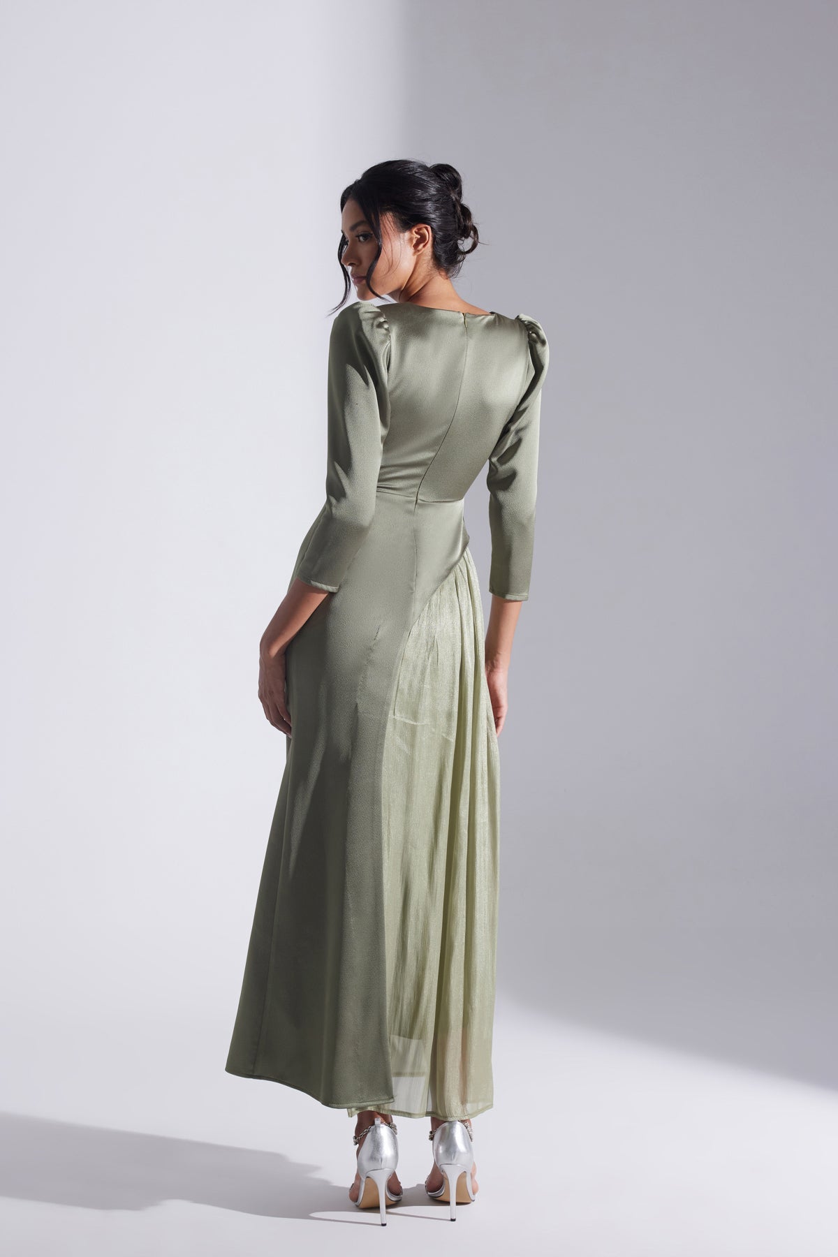 Sage Green Asymmetric Detailed Chiffon Skirt Wedding Dress