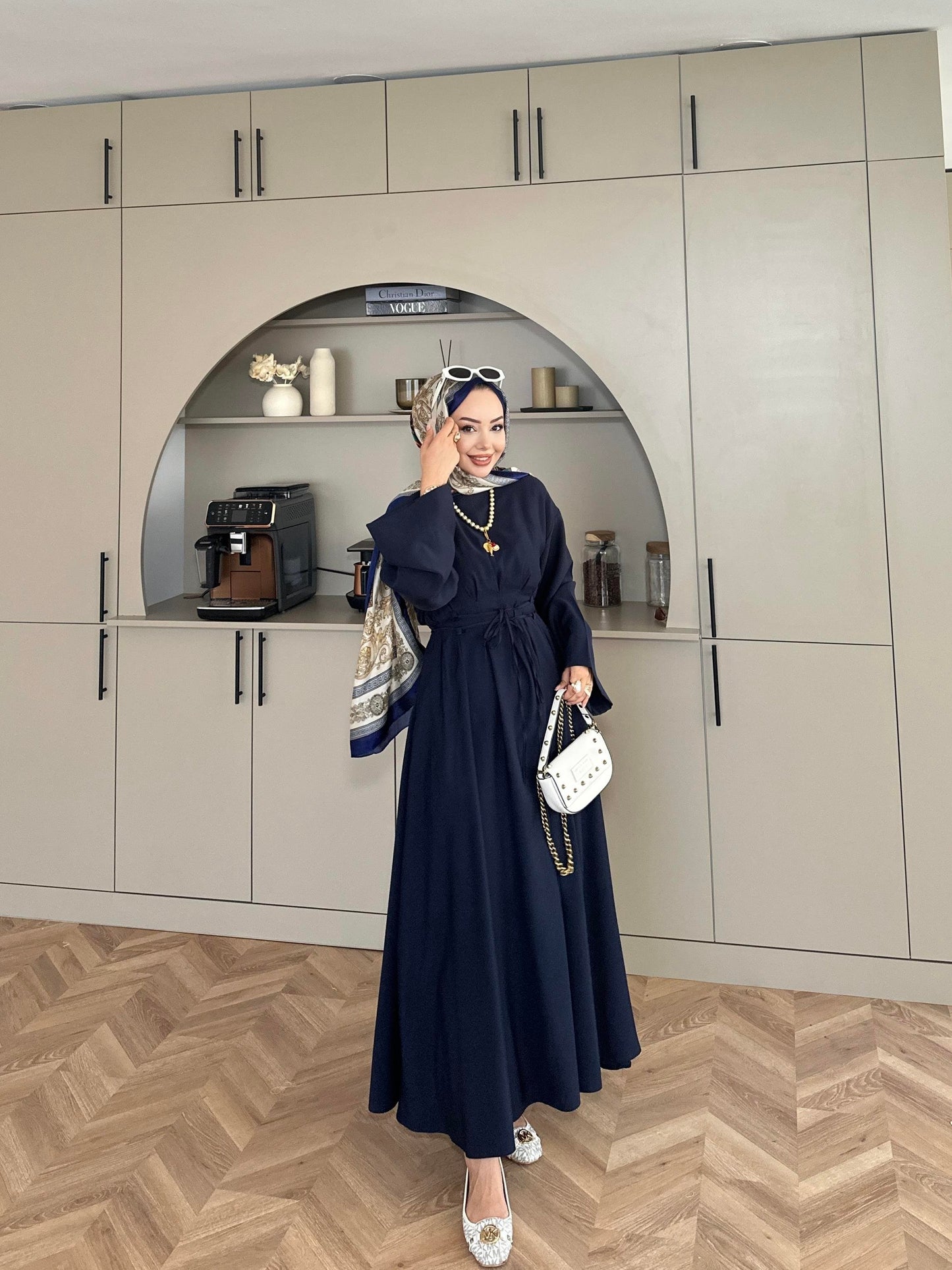 Fitted Waist Maxi Dress in Modal Fabric- Navy Blue