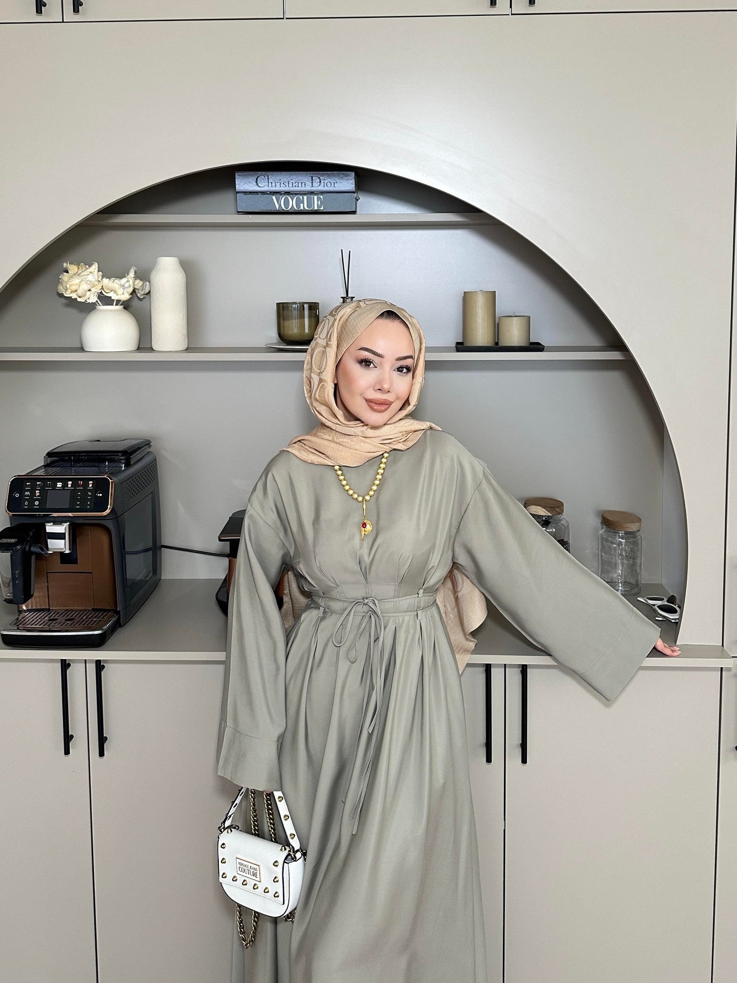 Fitted Waist Maxi Dress in Modal Fabric- Khaki