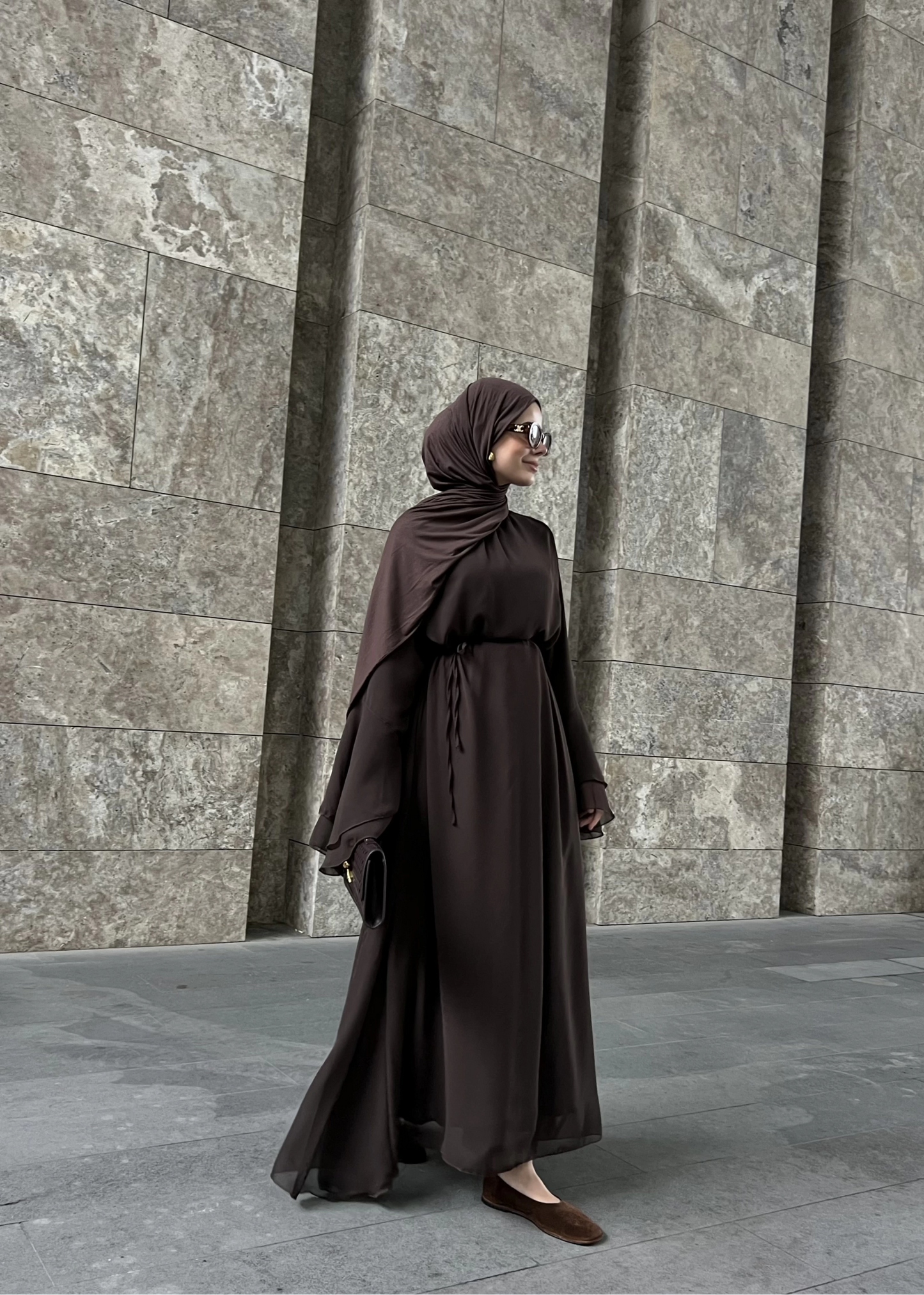 Brown Chiffon Dress with Ruffled Sleeves