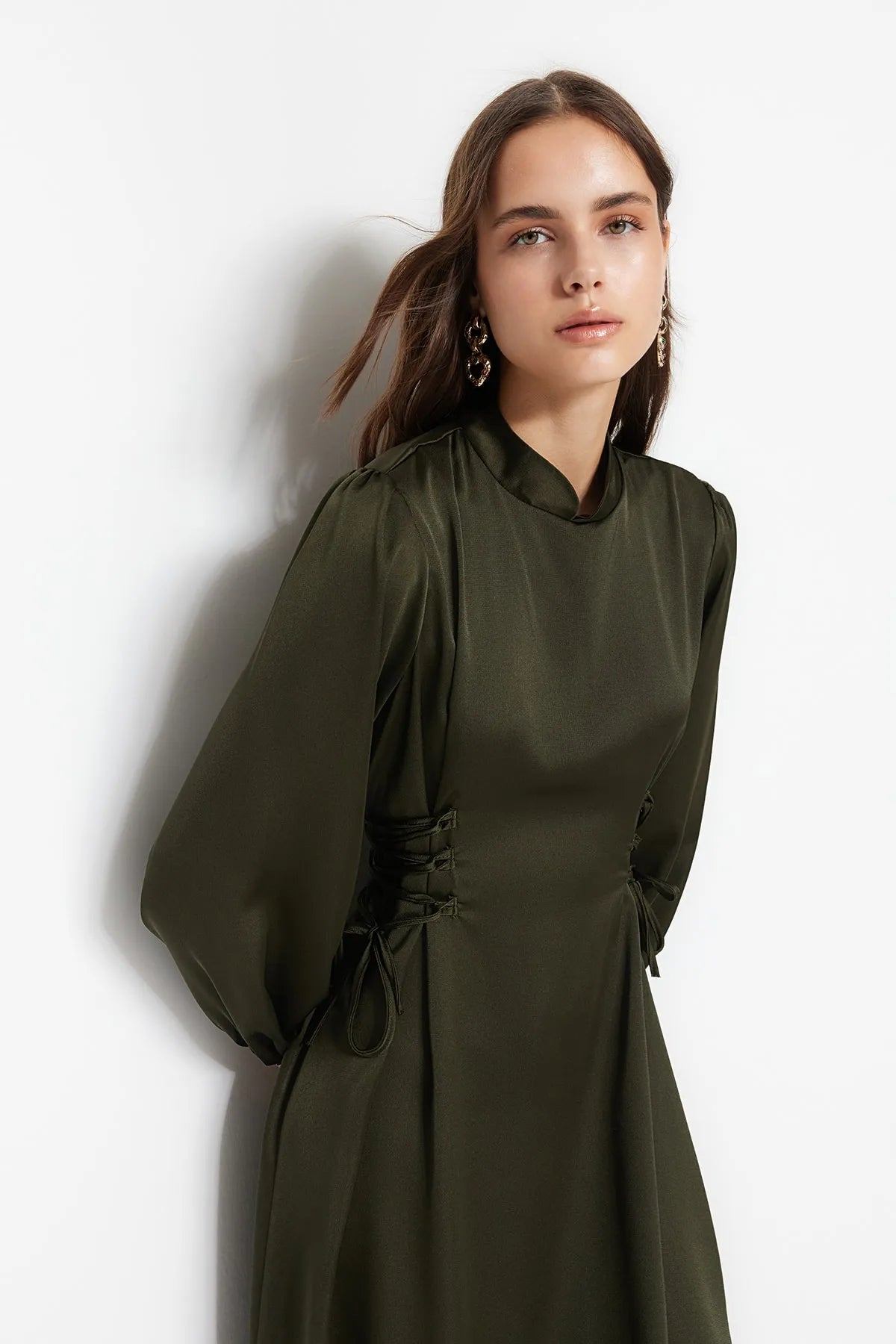 Khaki Belted Satin Evening Dress - sonafey