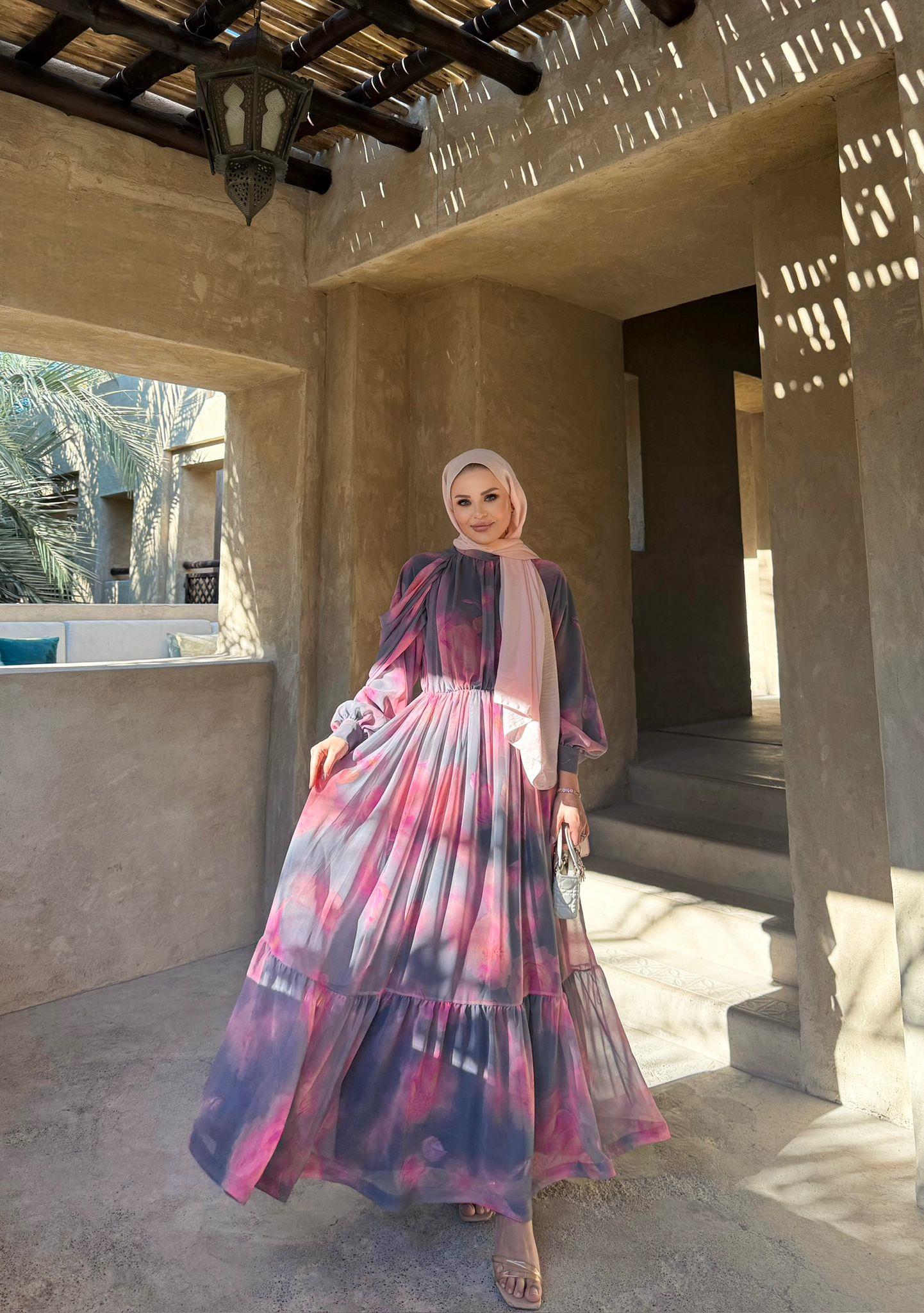Dusty Pink Pastel Floral Chiffon Maxi Dress