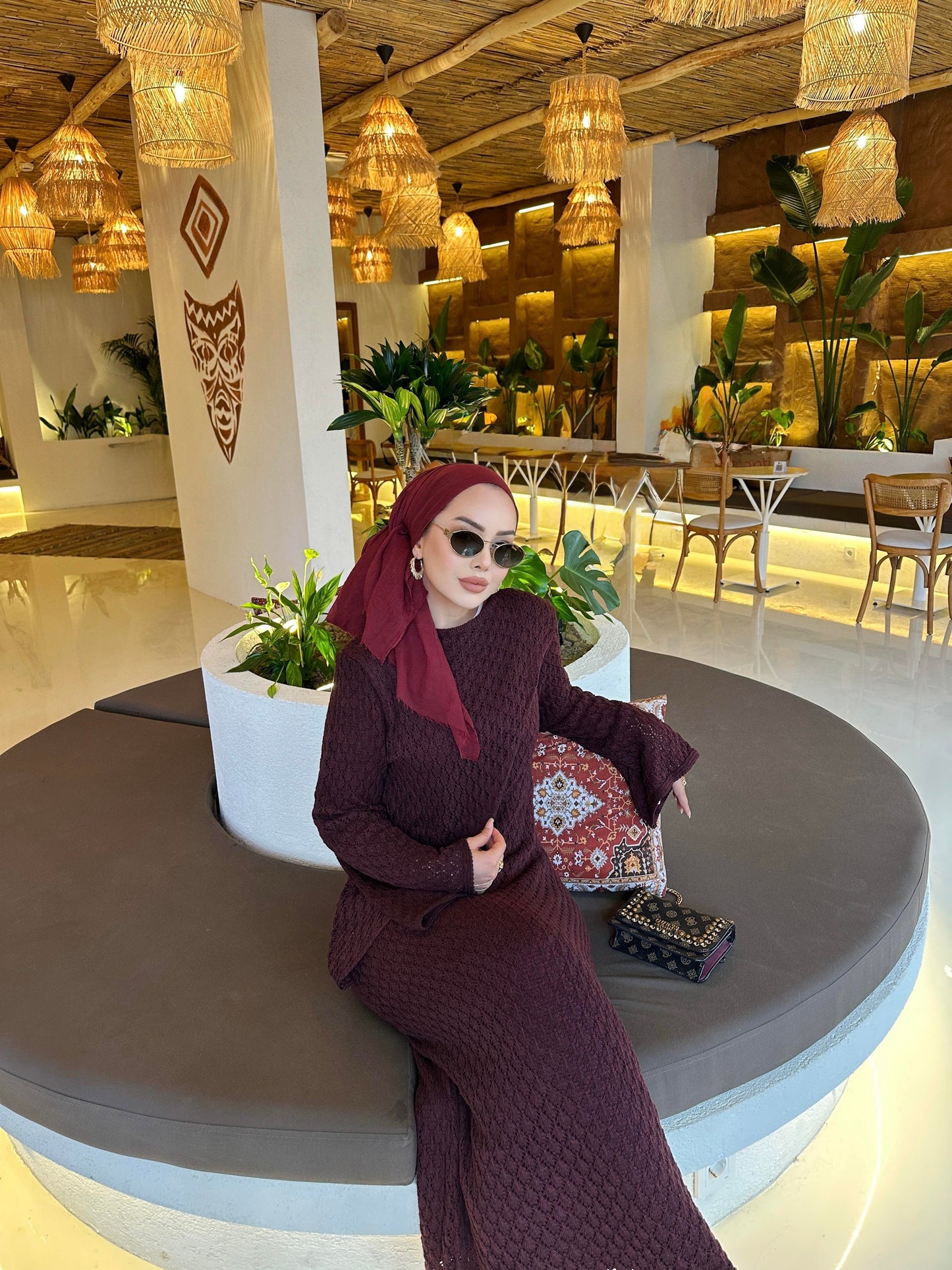 Burgundy Lined Openwork Knit Dress