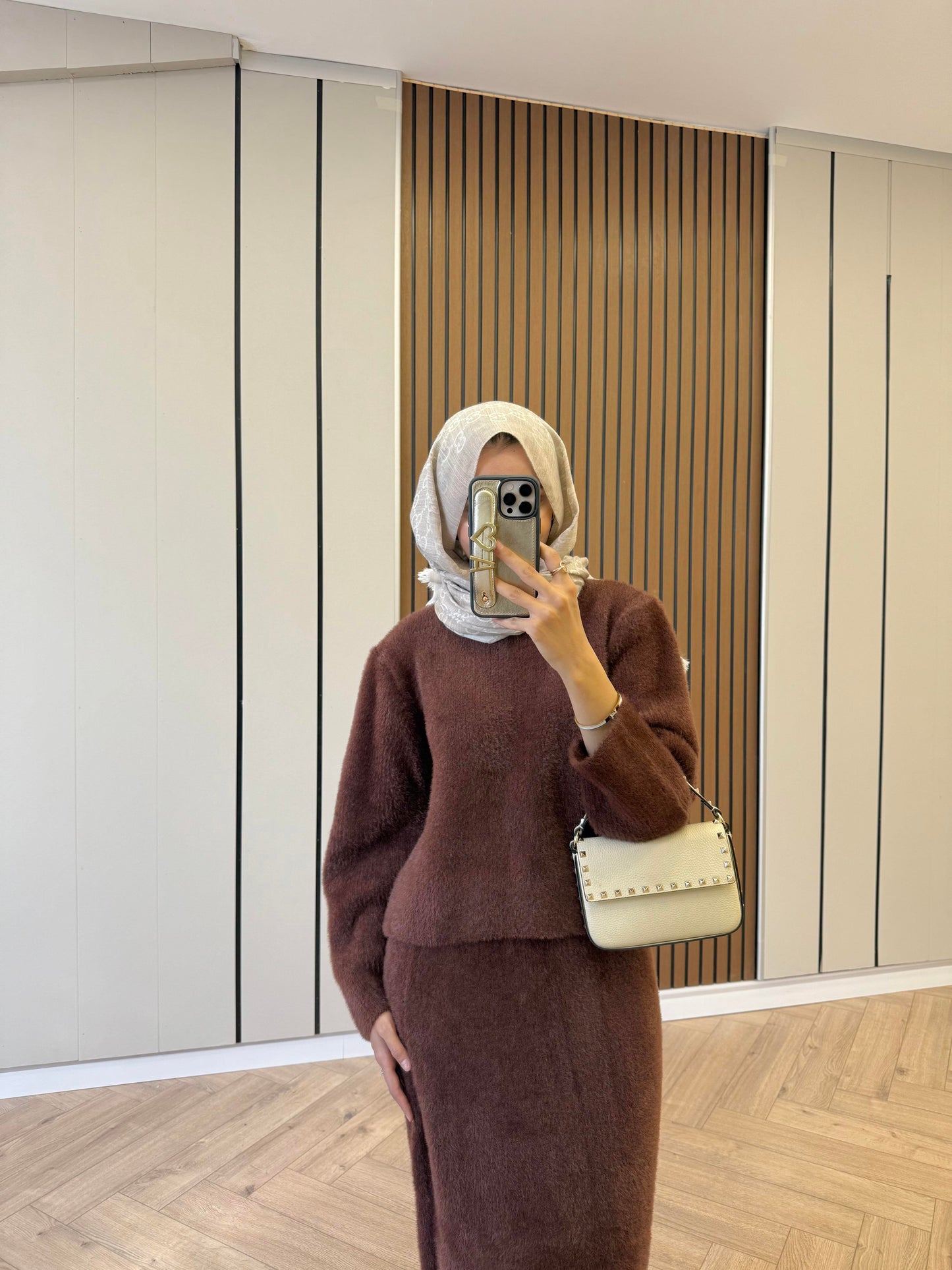 Plush Fur-Trim Skirt Set – Brown