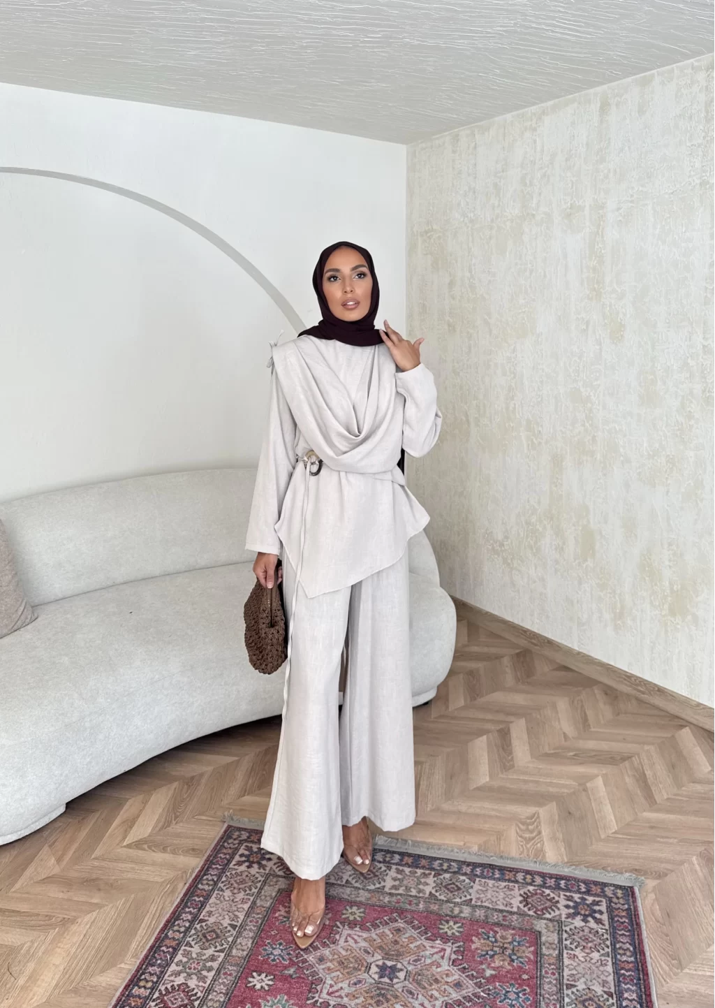 Beige Linen Shawl Collar Set