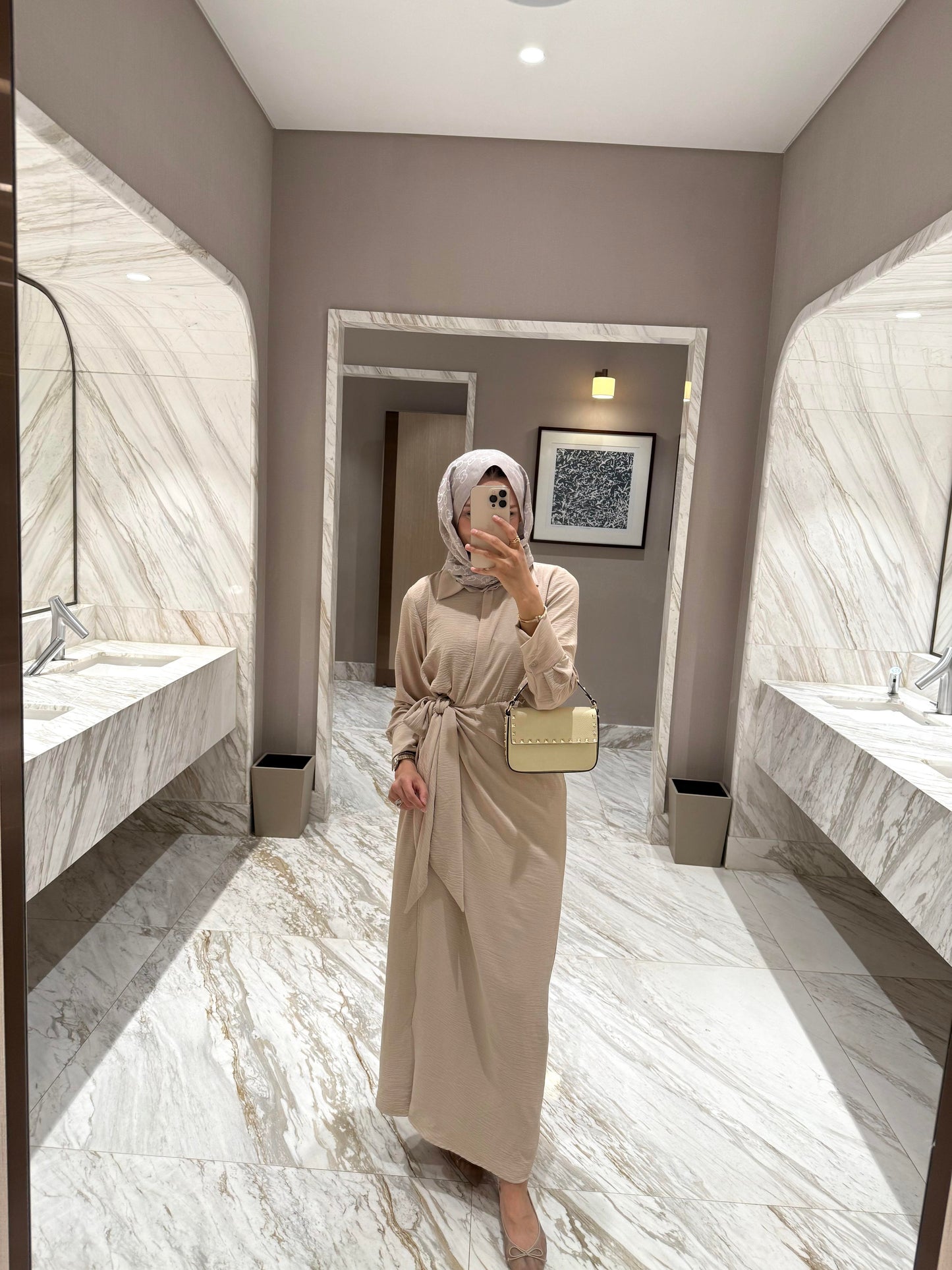 Beige Front-Tie Classic Maxi Dress