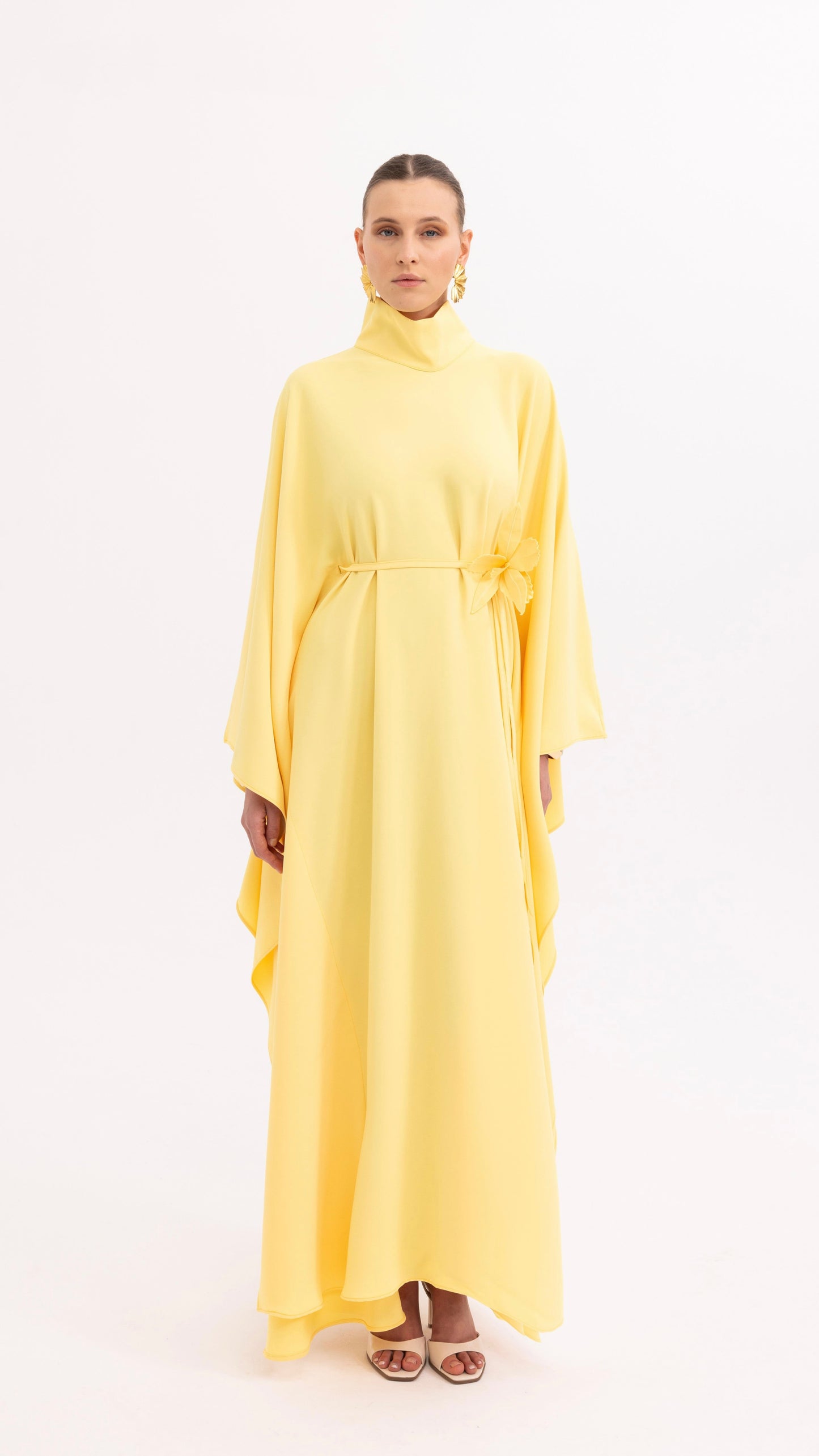Limited Edition Handmade Yellow Kaftan Dress with Floral Details