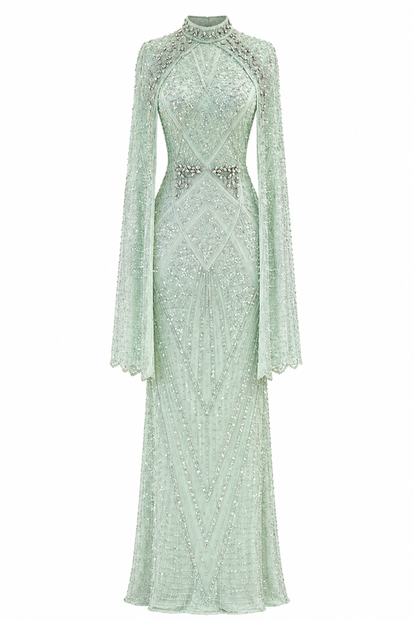 Couture Selenite Modest Evening Dress - Mint