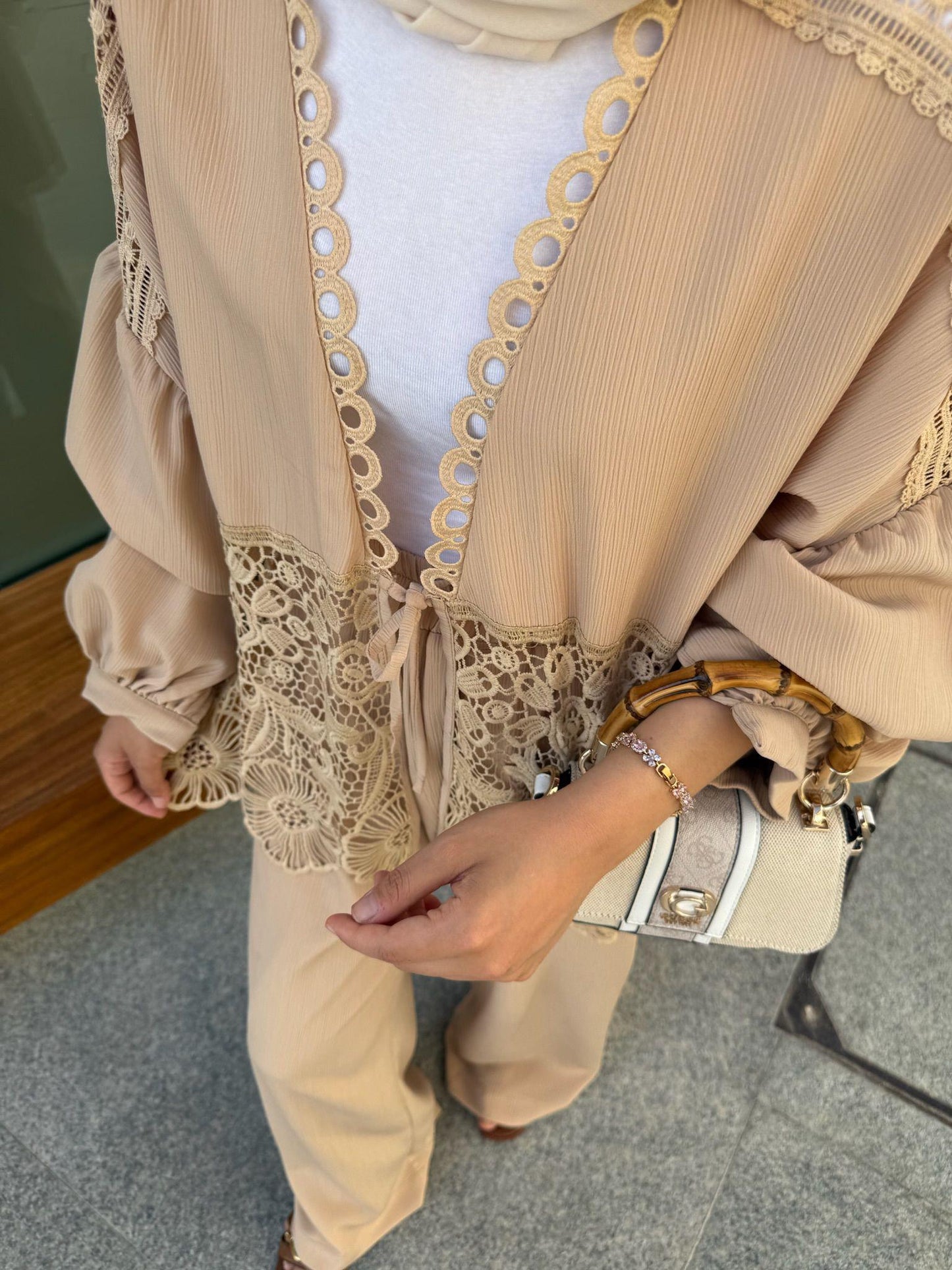 Lace-Trimmed Beige Crinkle Fabric Kimono & Pants Set