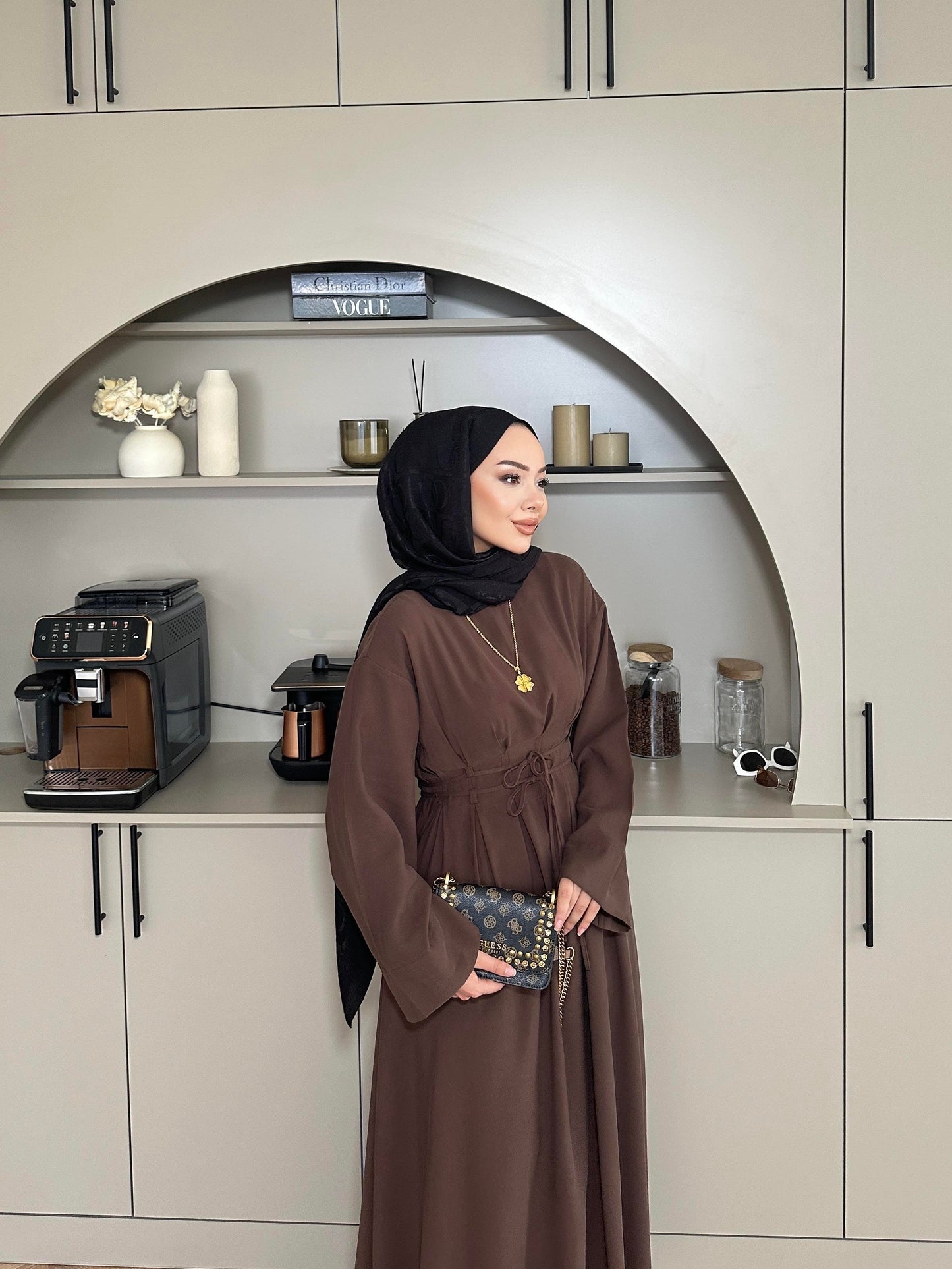 Fitted Waist Maxi Dress in Modal Fabric- Brown