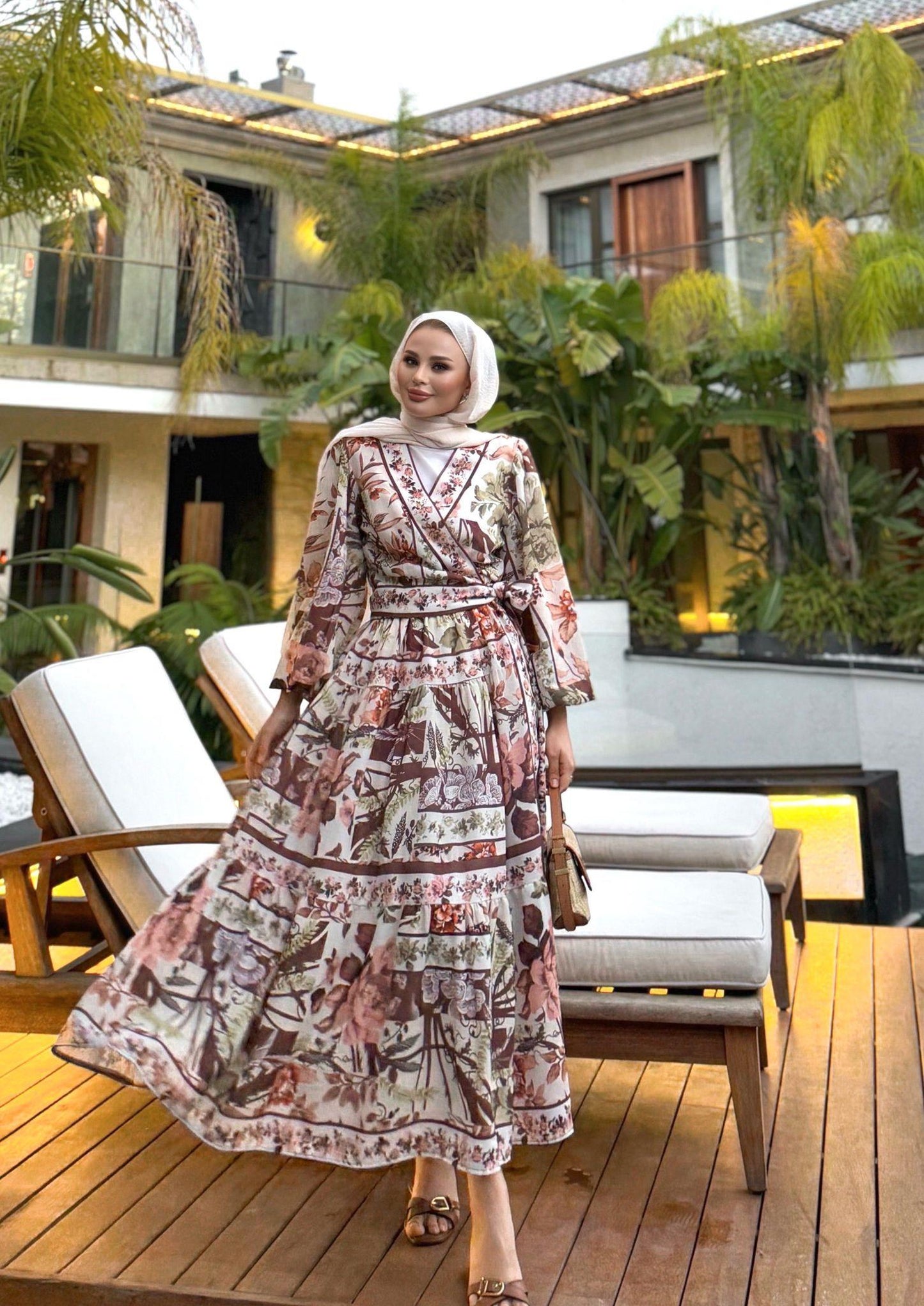 Brown Tropical Print Kimono & Skirt Set