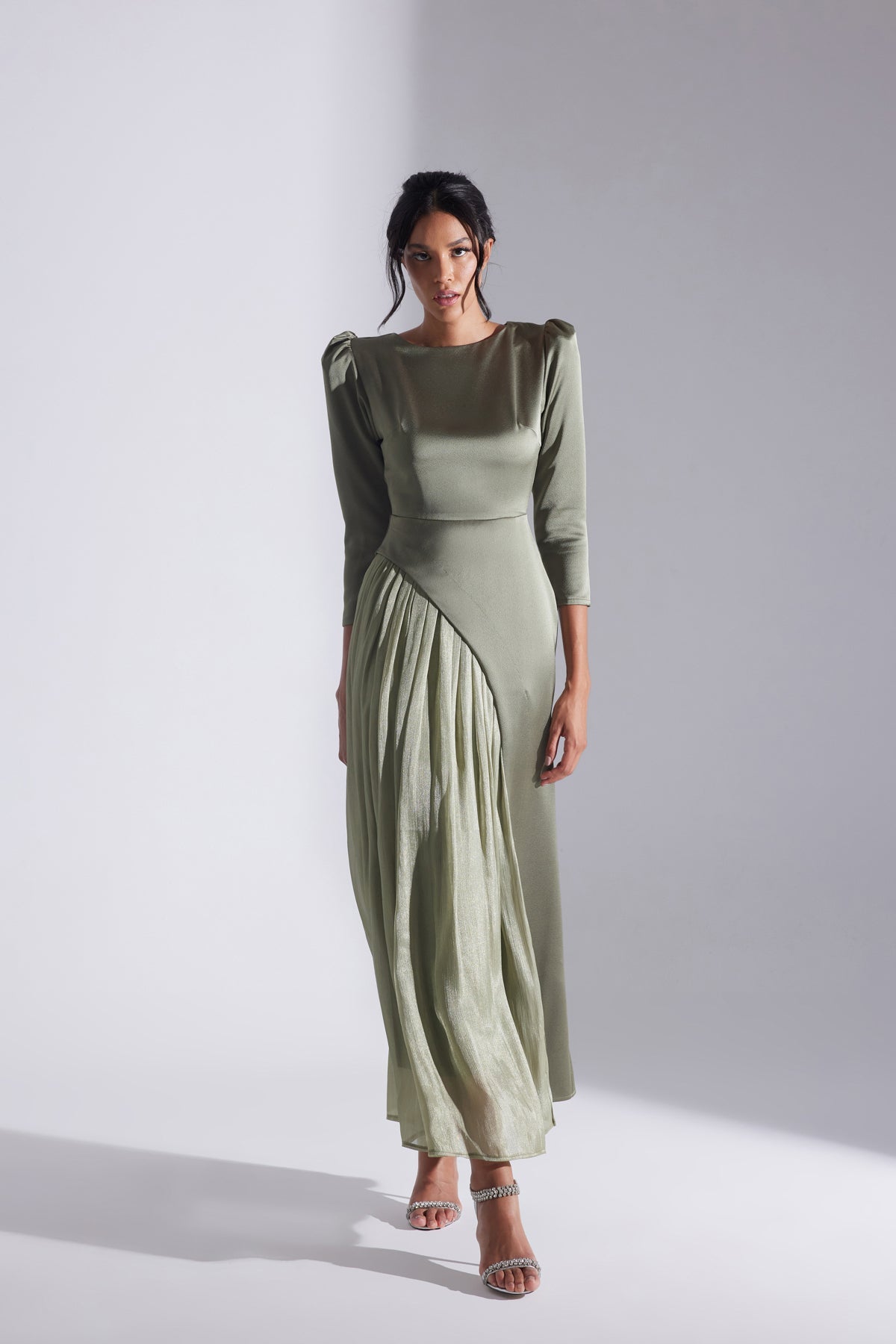 Sage Green Asymmetric Detailed Chiffon Skirt Wedding Dress