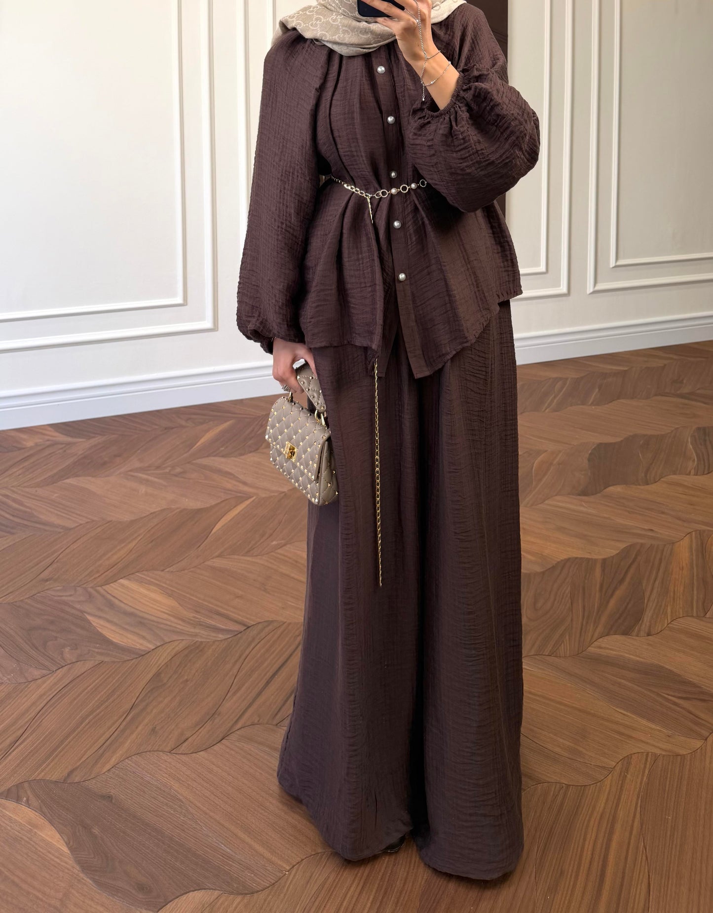 Brown Textured Co-ord Set – Balloon Sleeve Shirt & Wide-Leg Trousers