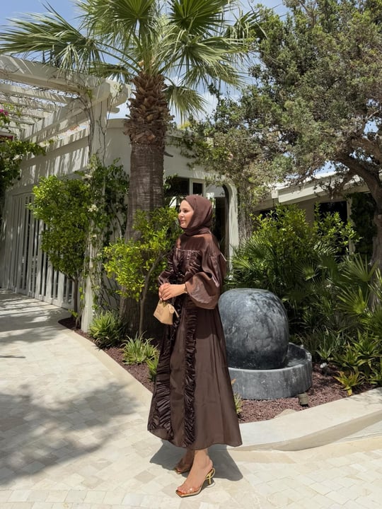 Layla Satin Brown Evening Dress with Ruffle Detail
